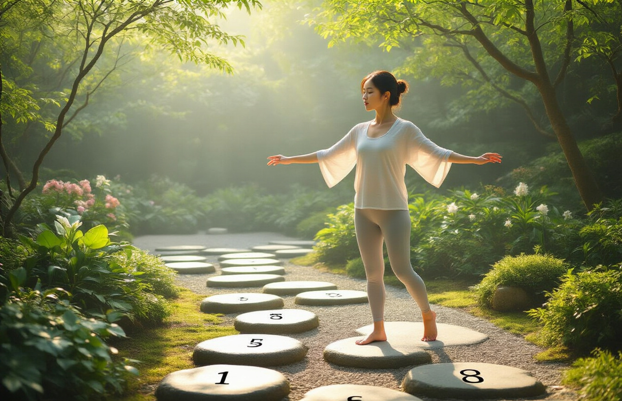 Create a realistic image of a serene Asian female in comfortable workout attire performing a gentle flowing movement with arms extended in a peaceful outdoor garden setting, surrounded by stepping stones numbered 1 through 8 arranged in a curved pathway, with soft morning sunlight filtering through trees creating dappled shadows on the ground, lush green plants and flowers in the background, conveying a calm and meditative atmosphere of guided movement practice, absolutely NO text should be in the scene.