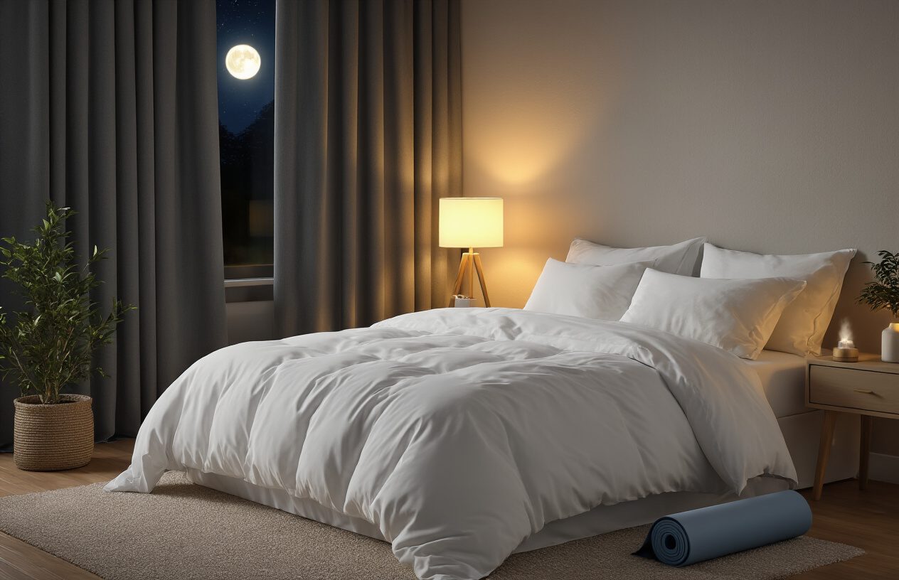 Create a realistic image of a peaceful bedroom scene with a perfectly made bed featuring crisp white linens and fluffy pillows, soft ambient lighting from a bedside lamp creating a warm glow, a small potted plant on the nightstand, blackout curtains partially drawn with gentle moonlight filtering through, a yoga mat rolled up in the corner of the room, and essential oil diffuser releasing a subtle mist, all conveying a serene atmosphere optimized for restful sleep. Absolutely NO text should be in the scene.