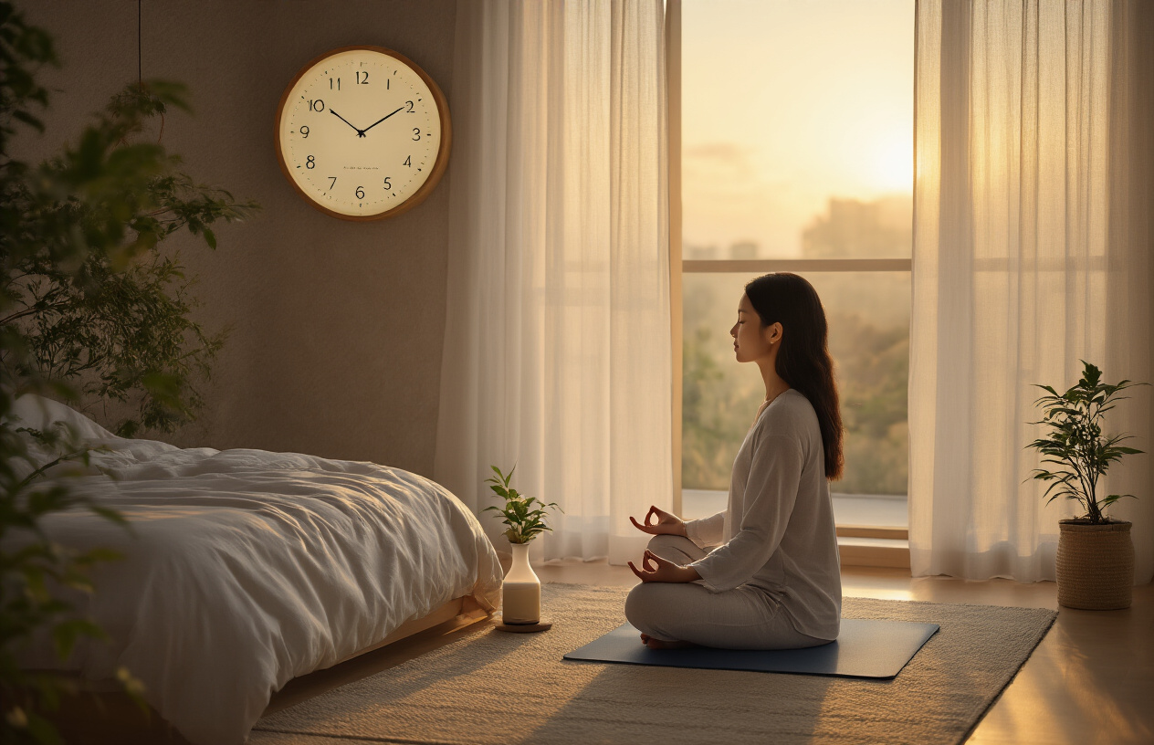 Create a realistic image of a serene bedroom scene at golden hour with soft, warm sunlight filtering through sheer curtains, featuring a peaceful Asian female in comfortable sleepwear sitting cross-legged on a yoga mat beside her bed in a gentle meditation pose, with natural elements like a small potted plant and essential oil diffuser creating a calming atmosphere, complemented by a circular wall clock showing early evening time and a subtle representation of natural light cycles through the window, emphasizing harmony between indoor wellness practices and natural daily rhythms, with soft shadows and warm lighting creating a tranquil mood that suggests the optimization of sleep and stress relief through mindful practices, absolutely NO text should be in the scene.