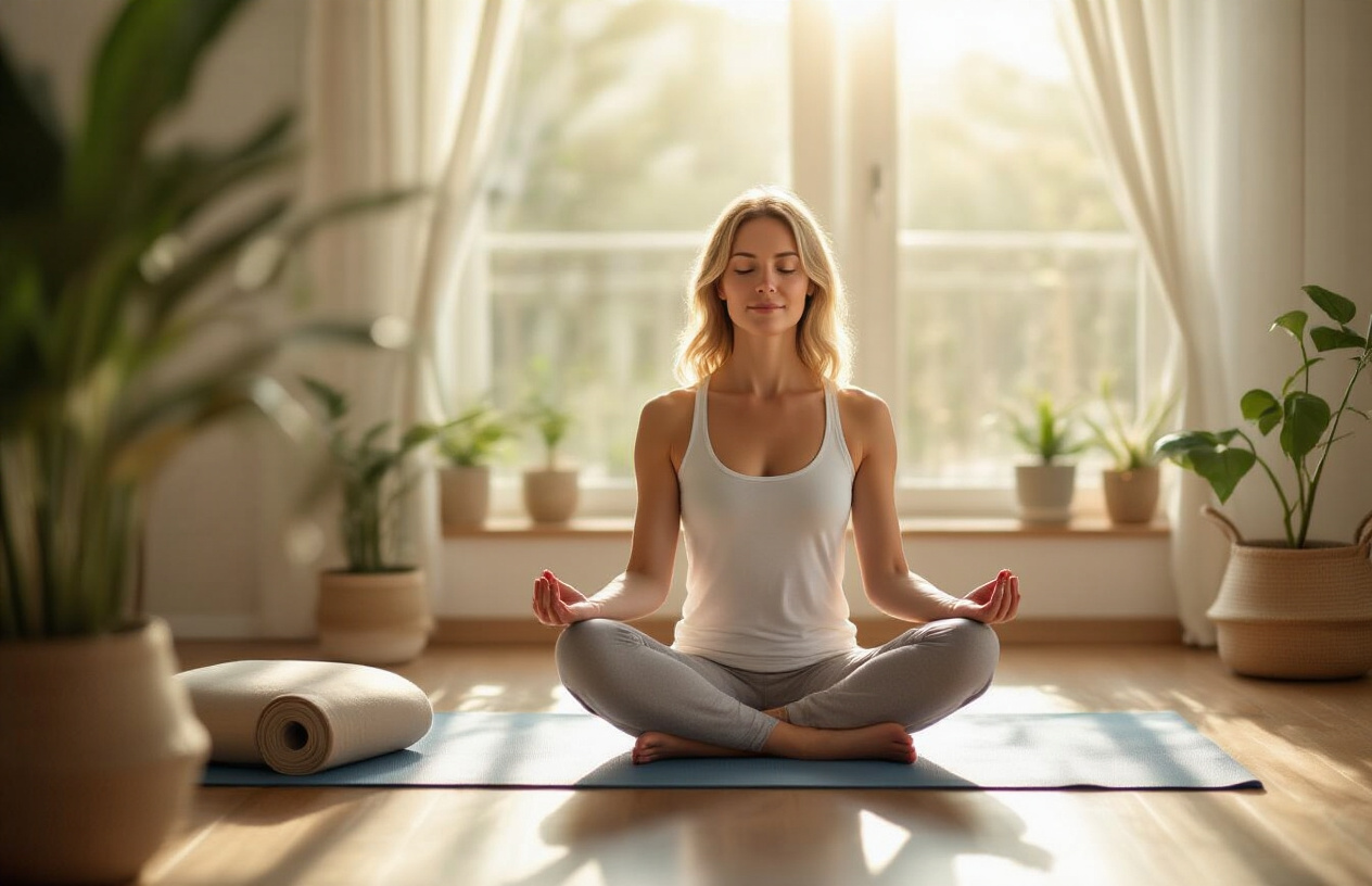 Create a realistic image of a serene white female in her 30s sitting in lotus position on a yoga mat in a peaceful home setting, surrounded by soft morning light streaming through a window, with a meditation cushion, rolled yoga mat, and small potted plants nearby, creating a calm atmosphere that suggests a daily yoga practice routine for stress relief, with warm natural lighting and a minimalist background featuring wooden floors and neutral colors, absolutely NO text should be in the scene.