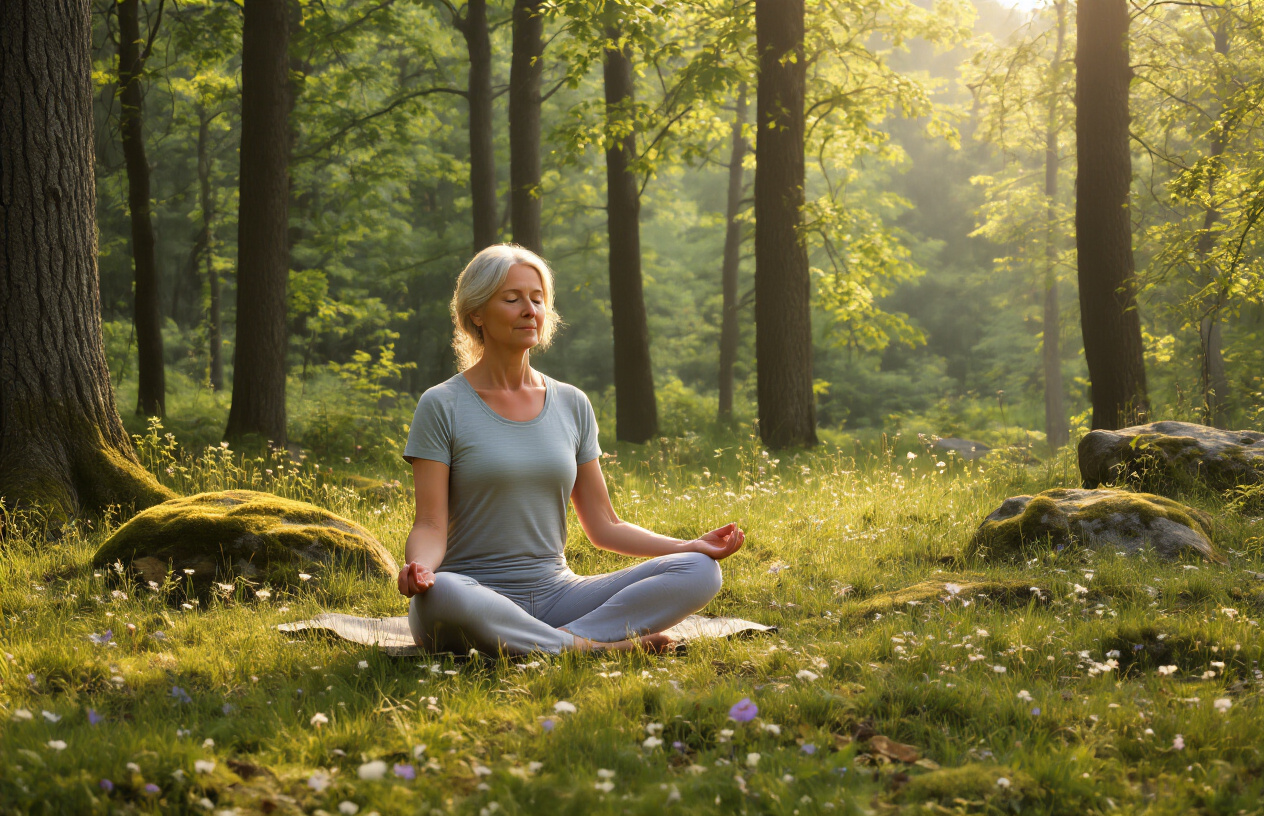 Create a realistic image of a peaceful outdoor scene showing a middle-aged white female in comfortable yoga attire sitting cross-legged on natural grass in a serene forest clearing, with her hands resting gently on her knees in a meditative pose, surrounded by tall green trees with dappled sunlight filtering through the canopy, soft moss-covered rocks nearby, wildflowers scattered in the grass, creating a tranquil atmosphere with warm golden hour lighting that emphasizes the connection between human and nature for grounding and stress relief, with a gentle breeze suggested by slightly moving leaves, absolutely NO text should be in the scene.