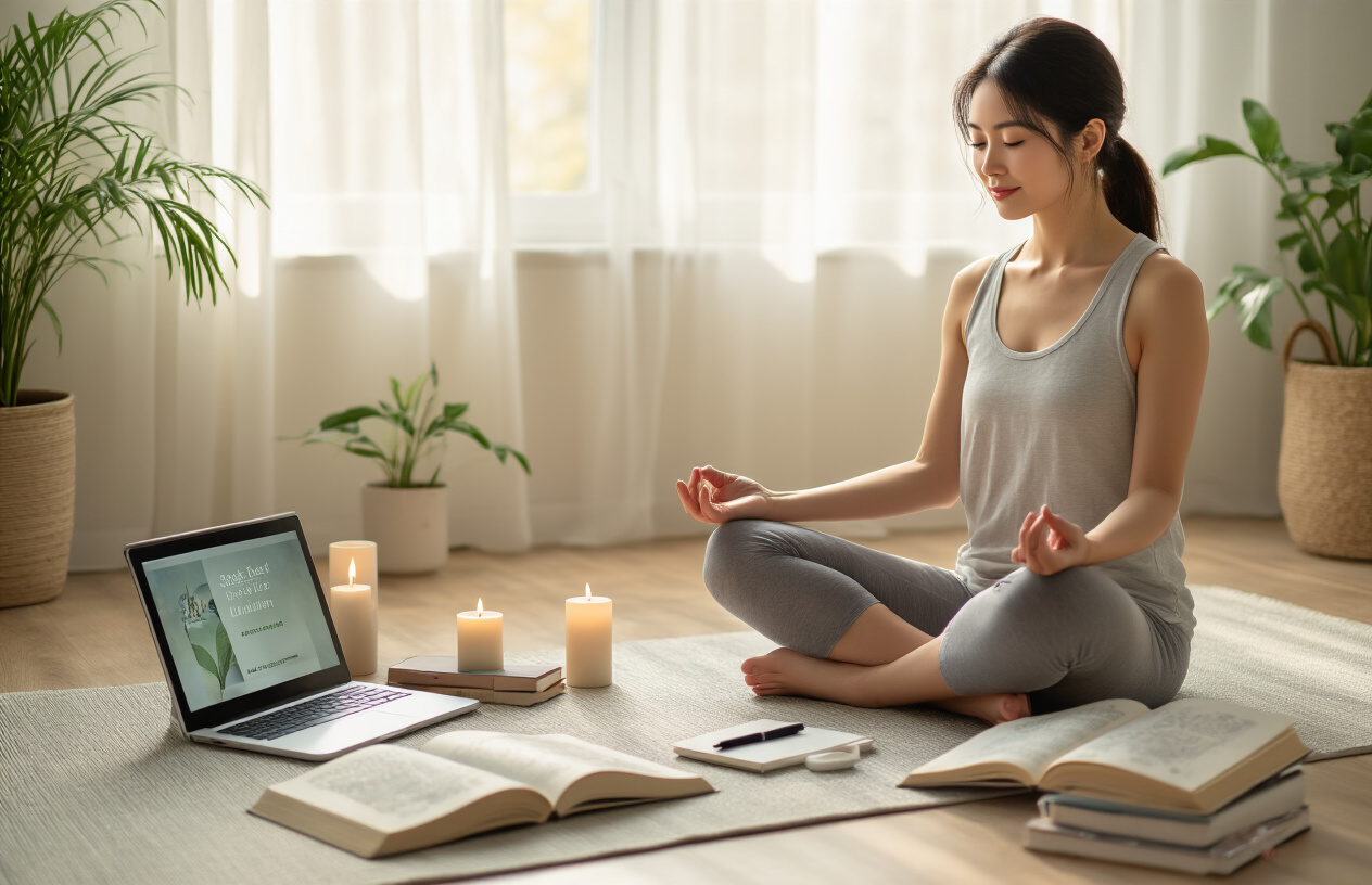 Create a realistic image of a peaceful Asian female in her 30s sitting cross-legged on a yoga mat in a serene bedroom setting, surrounded by open books about mindfulness and wellness, a tablet displaying an online learning course, and a journal with a pen nearby, with soft natural lighting filtering through sheer curtains, creating a calm and focused learning atmosphere that promotes mental growth and stress relief, with plants and candles in the background adding to the tranquil mood, absolutely NO text should be in the scene.