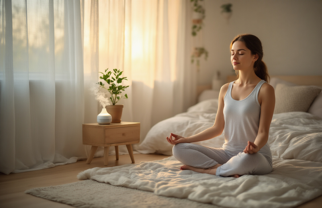 Create a realistic image of a serene bedroom scene at golden hour with soft, warm sunlight filtering through sheer curtains, featuring a peaceful white female in her 30s sitting cross-legged on a yoga mat beside her bed in comfortable sleepwear, eyes gently closed in a meditative pose with hands resting on her knees, surrounded by calming elements including a small potted plant on the nightstand, a diffuser releasing gentle mist, and pillows neatly arranged on the bed, with the overall atmosphere conveying tranquility, wellness, and the successful completion of a natural stress-relief journey, absolutely NO text should be in the scene.