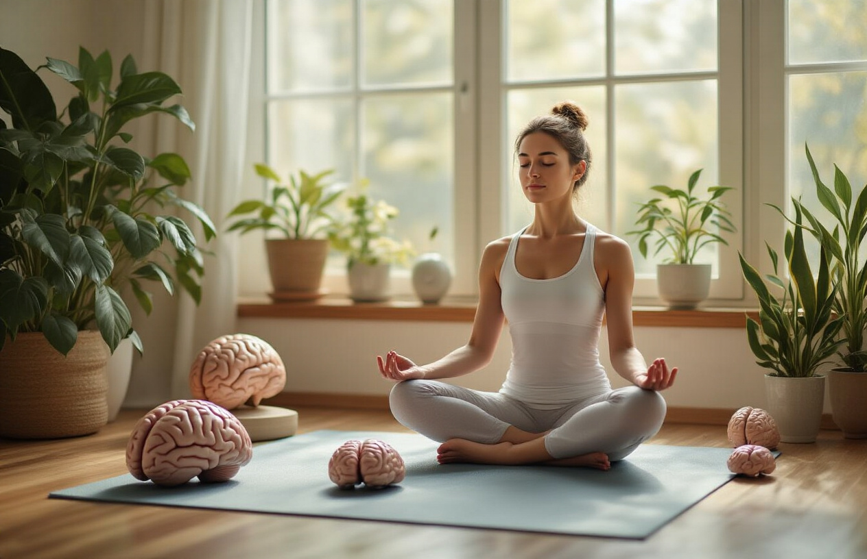 Create a realistic image of a serene indoor setting showing the connection between yoga and neuroscience, featuring a peaceful white female in her 30s sitting in lotus position on a yoga mat with her eyes closed in meditation, surrounded by soft anatomical brain models, scientific diagrams of the nervous system, and gentle botanical elements like potted plants, with warm natural lighting streaming through a window creating a calm atmosphere that bridges the gap between scientific understanding and mindful practice, shot from a slightly elevated angle to capture both the meditative pose and the educational elements around her, Absolutely NO text should be in the scene.