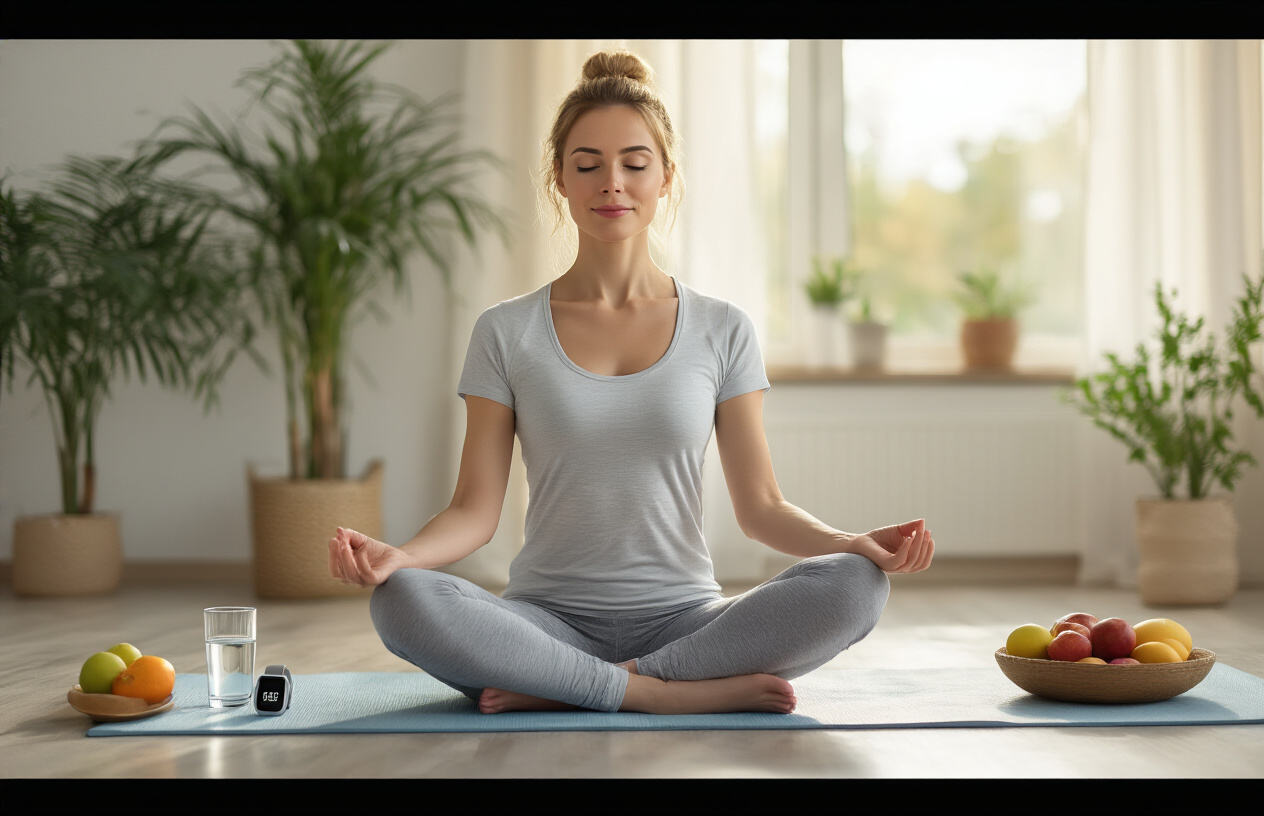 Create a realistic image of a peaceful white female in her 30s in comfortable athletic wear sitting in a meditation pose on a yoga mat, with subtle visual representations of physical wellness around her including a glass of water, fresh fruits, a fitness tracker showing improved metrics, and soft natural lighting streaming through a window, set in a serene home environment with plants and calming decor that suggests improved sleep and reduced stress, absolutely NO text should be in the scene.