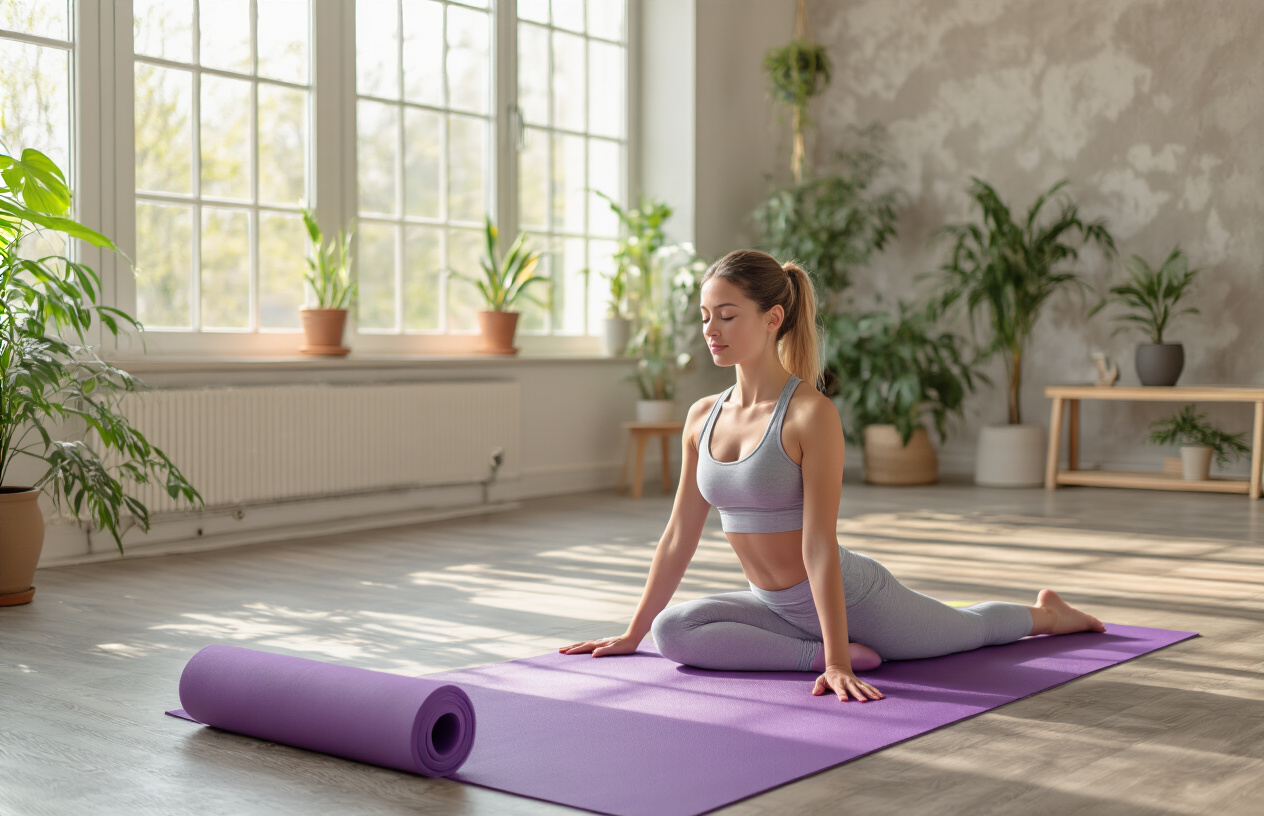 Create a realistic image of a peaceful yoga studio with a white female beginner in comfortable athletic wear demonstrating a simple yoga pose on a purple yoga mat, with another yoga mat nearby showing common beginner mistakes through props positioned incorrectly, soft natural lighting filtering through windows, calming neutral-toned walls with plants in the background, creating a serene learning environment focused on proper form and technique, absolutely NO text should be in the scene.