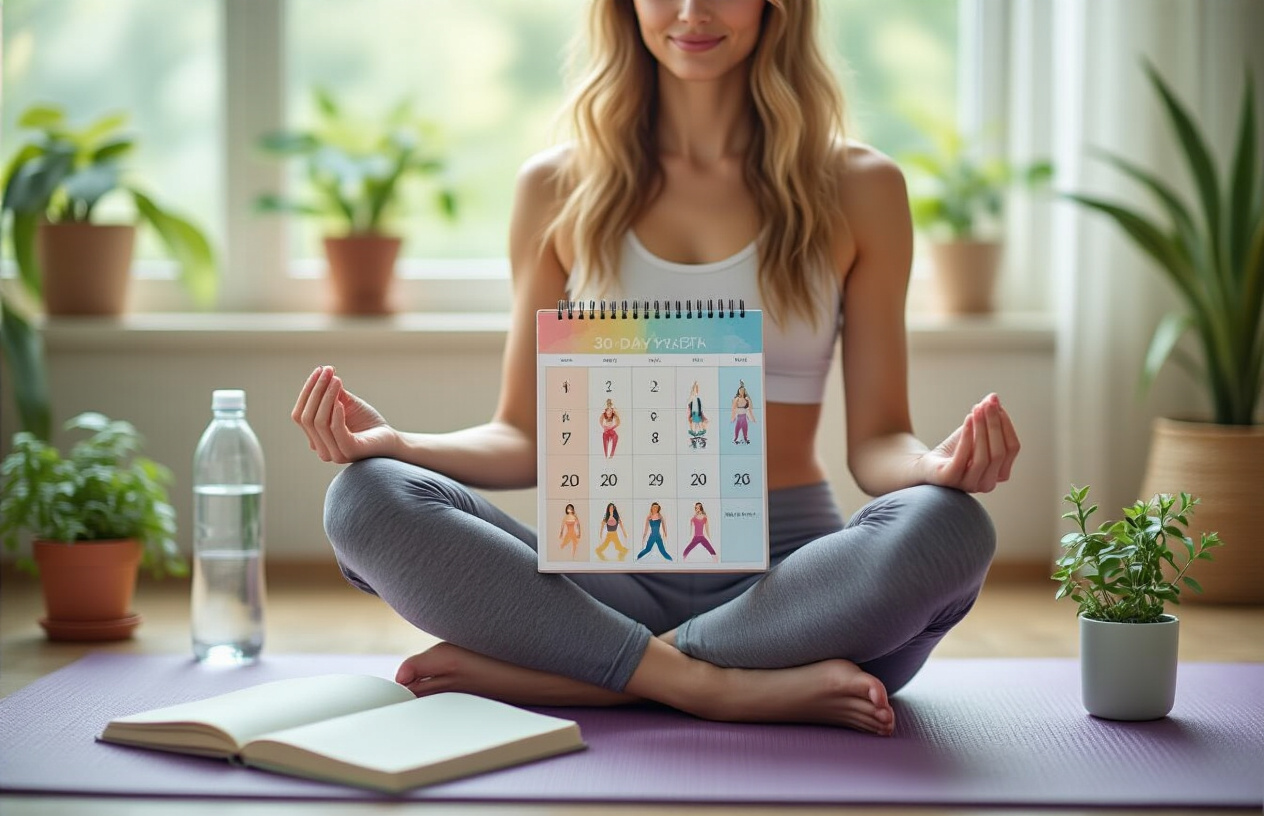 Create a realistic image of a white female sitting cross-legged on a yoga mat in a peaceful bedroom setting, holding a colorful 30-day calendar or planner with yoga poses illustrated on it, surrounded by motivational elements like a journal, water bottle, and small potted plants, with soft natural lighting streaming through a window, creating a calm and organized atmosphere that conveys commitment and planning for a month-long yoga practice routine, absolutely NO text should be in the scene.