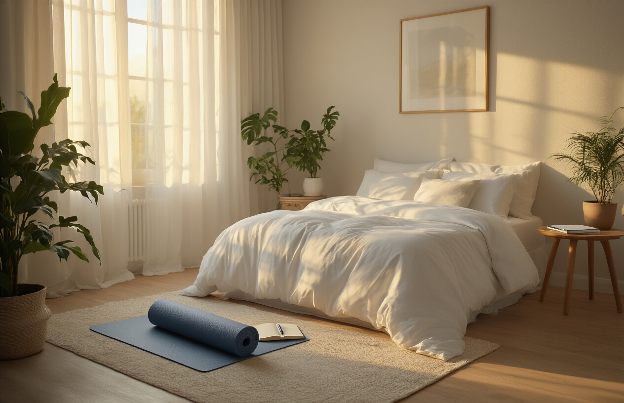Create a realistic image of a peaceful bedroom scene at golden hour with soft, warm sunlight filtering through sheer curtains, featuring a yoga mat rolled up and placed beside a neatly made bed with white linens, a small bedside table with a journal and pen suggesting reflection and progress tracking, a few potted plants adding natural elements, and a serene, organized atmosphere that conveys the successful completion of a transformative wellness journey, with gentle shadows creating a calm and restful mood that represents the achieved goals of better sleep and stress relief. Absolutely NO text should be in the scene.