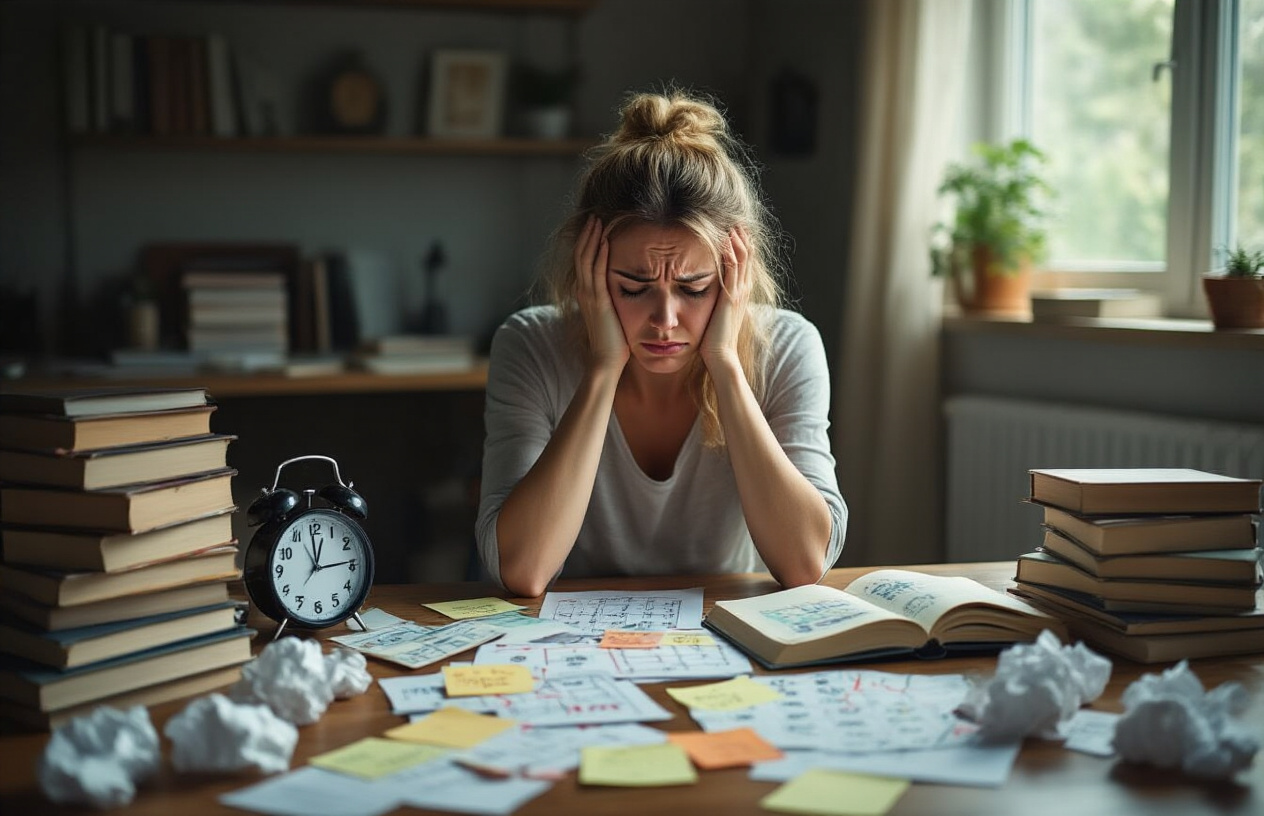 Create a realistic image of a frustrated white female adult sitting at a desk surrounded by scattered self-help books, broken calendars with crossed-out habit tracking charts, torn sticky notes, and crumpled papers on the floor, with her head in her hands showing disappointment, set in a dimly lit home office with soft natural lighting from a window, conveying a mood of defeat and overwhelm from failed attempts at building new habits, absolutely NO text should be in the scene.