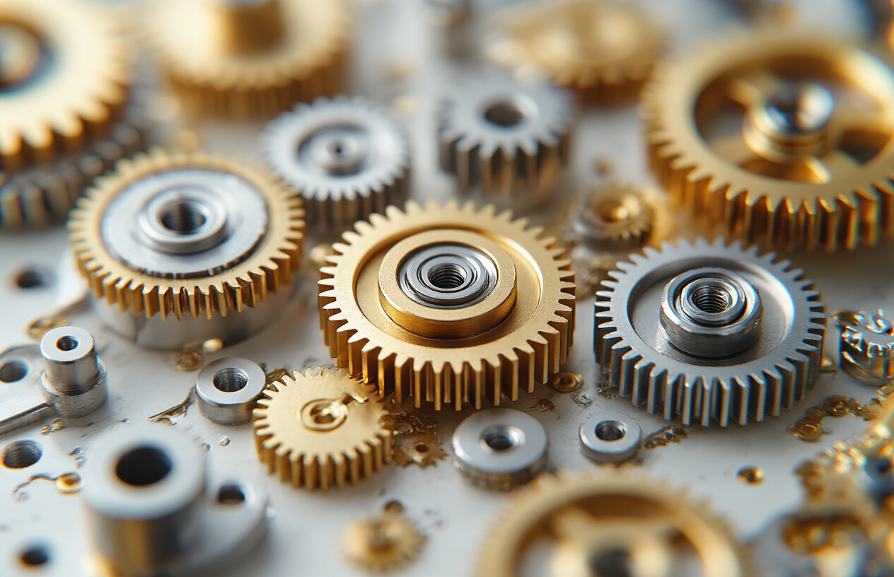 Create a realistic image of a close-up view of small, precise gears and mechanical components in motion, with tiny incremental movements visible, set against a clean white background with soft, focused lighting that emphasizes the delicate precision of micro-adjustments, featuring golden and silver metallic tones that convey reliability and success, with shallow depth of field creating a professional, motivational atmosphere. Absolutely NO text should be in the scene.