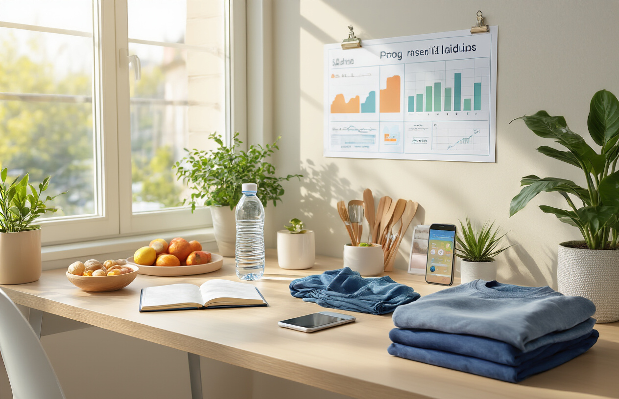 Create a realistic image of a well-organized personal workspace designed for habit formation, featuring a clean modern desk with strategically placed items including a water bottle, healthy snacks, workout clothes neatly folded, a journal, and a smartphone with fitness apps visible on screen, surrounded by motivational visual cues like a progress chart on the wall, good natural lighting from a nearby window, plants adding a fresh atmosphere, and everything arranged in an intentional layout that promotes automatic positive behaviors, with warm natural lighting creating an inviting and productive environment. Absolutely NO text should be in the scene.
