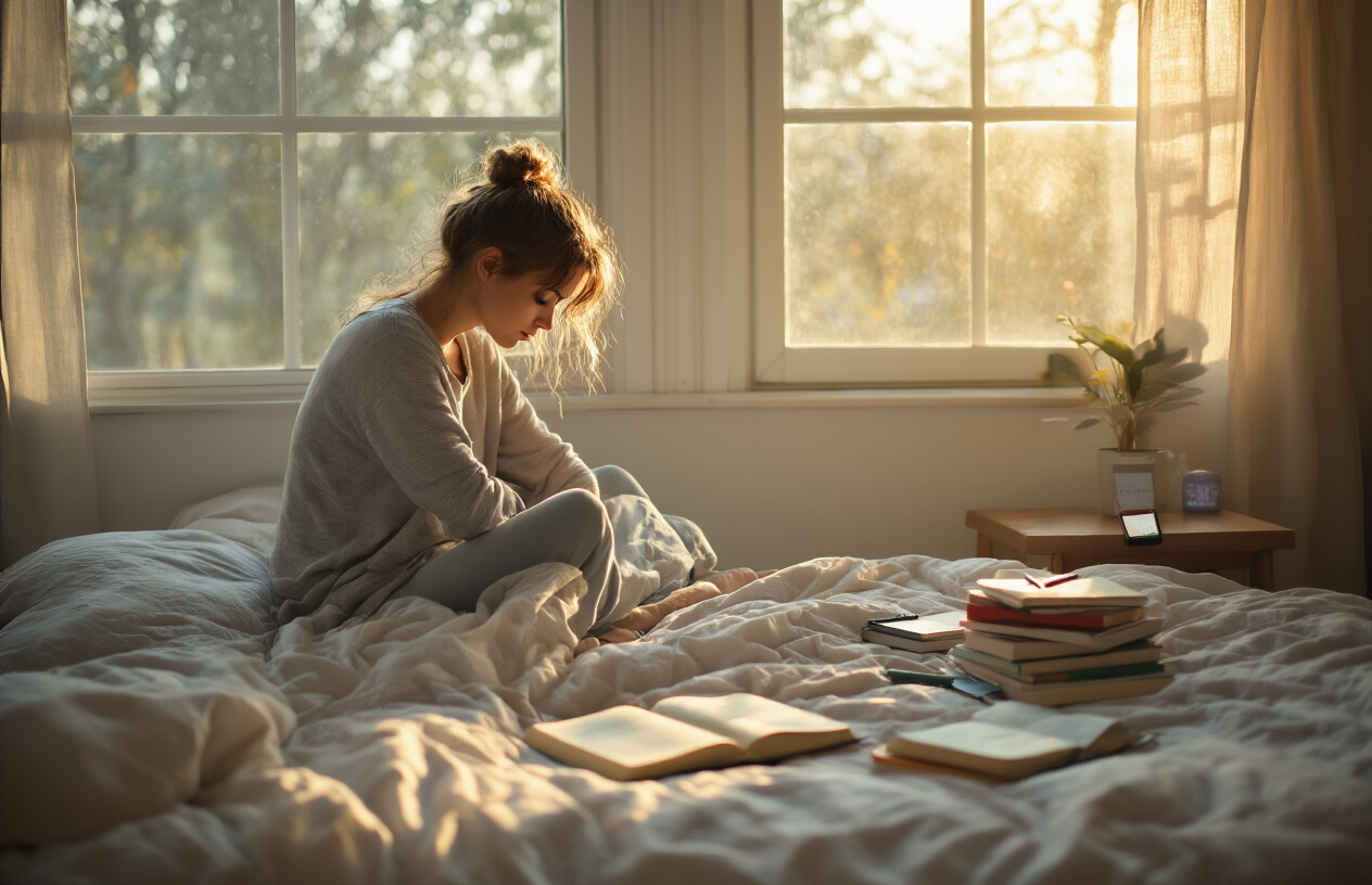 Create a realistic image of a person sitting on the edge of a bed looking contemplative and slightly defeated, with morning sunlight streaming through a window, scattered self-help books on a nightstand, a journal with a pen lying open nearby, and a smartphone showing missed alarm notifications, conveying a sense of someone who has experienced a setback but is preparing to restart their journey, with soft natural lighting creating a hopeful yet reflective atmosphere, absolutely NO text should be in the scene.