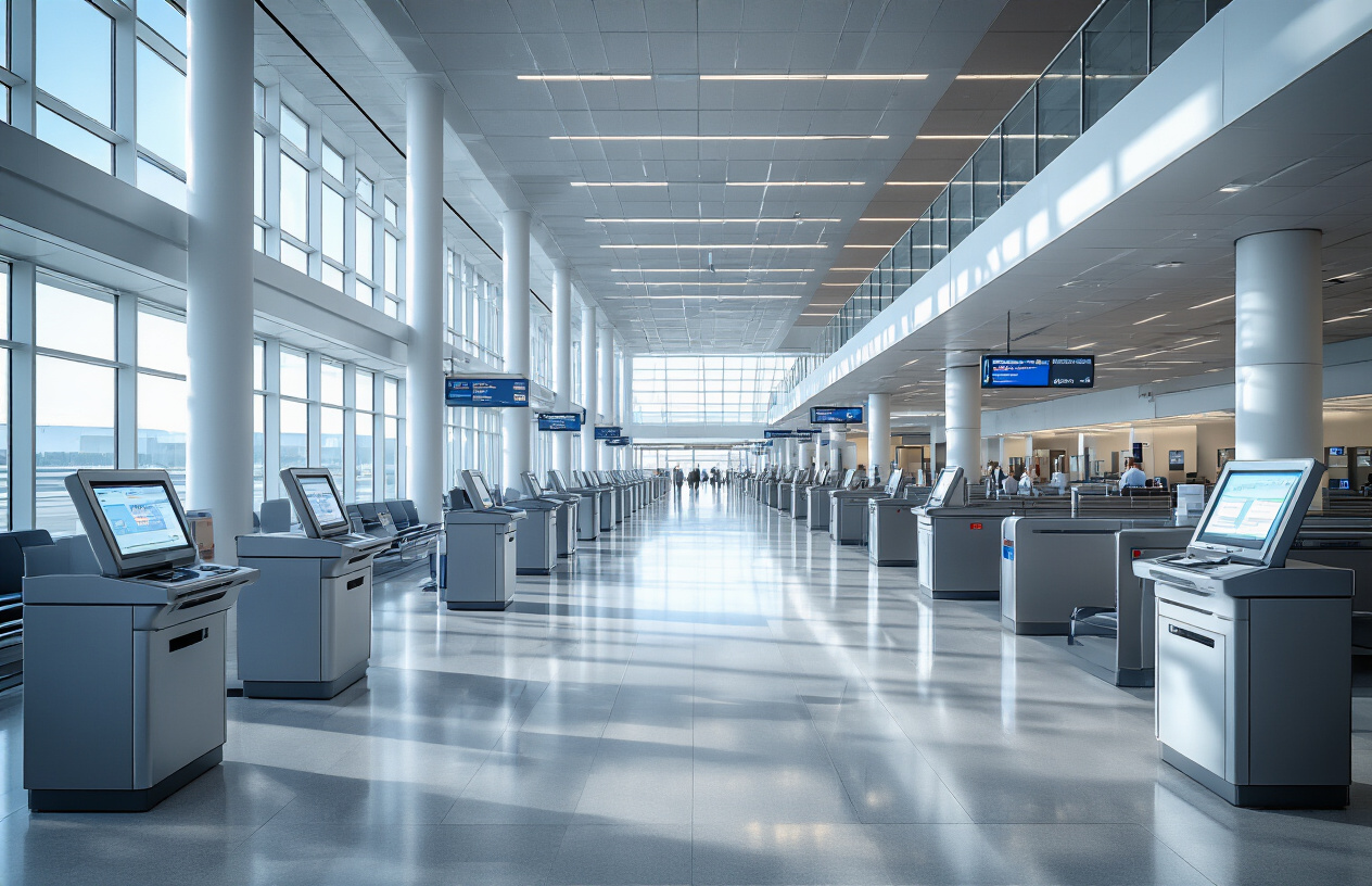 Create a realistic image of a modern airport terminal interior showing streamlined check-in and security processes, featuring self-service kiosks with touchscreens in the foreground, security screening lanes with X-ray machines and metal detectors in the background, clean white and gray contemporary architecture with high ceilings and large windows allowing natural light, a calm and organized atmosphere with minimal crowds, polished floors reflecting the overhead lighting, and departure gate signs visible in the distance, absolutely NO text should be in the scene.