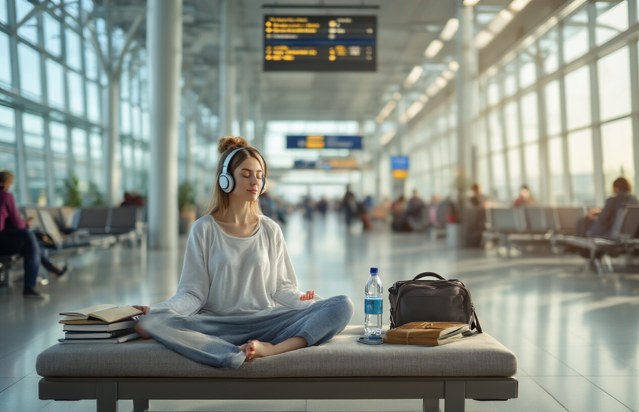 Create a realistic image of a peaceful airport terminal waiting area where a white female traveler sits cross-legged in a comfortable meditation pose on a cushioned bench, eyes gently closed with a serene expression, surrounded by her organized travel items including a journal, water bottle, and noise-canceling headphones, with soft natural lighting streaming through large terminal windows, other passengers visible in the blurred background creating a sense of calm amidst the busy environment, modern airport seating and departure gates in the distance, creating an atmosphere of tranquil productivity and mindful relaxation, absolutely NO text should be in the scene.
