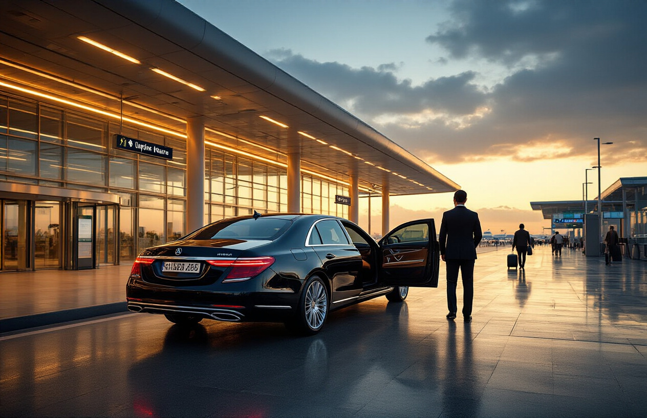 Create a realistic image of a sleek black luxury sedan parked outside a modern airport terminal with a professional driver in a dark suit standing beside the open rear door, airport departure signs visible in the background, warm golden hour lighting creating a premium and stress-free atmosphere, with travelers walking calmly in the distance and clean modern architecture, absolutely NO text should be in the scene.