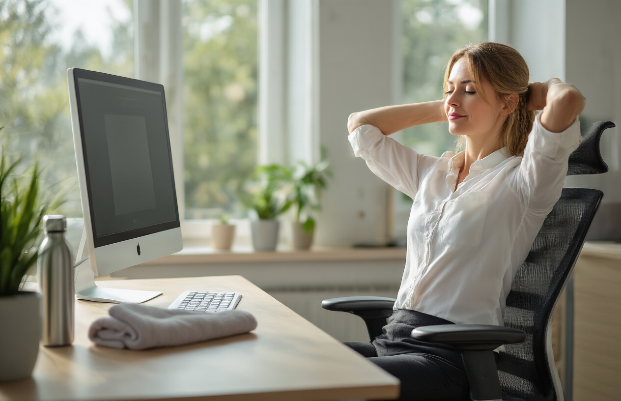 Create a realistic image of a professional white female office worker in business attire sitting upright in an ergonomic office chair, demonstrating proper posture with arms raised in a gentle stretching position, surrounded by subtle office elements like a desk with computer monitor in soft focus, natural lighting streaming through a window creating a calm atmosphere, with yoga accessories like a small towel and water bottle nearby on the desk, emphasizing wellness and productivity in a modern workspace setting, absolutely NO text should be in the scene.