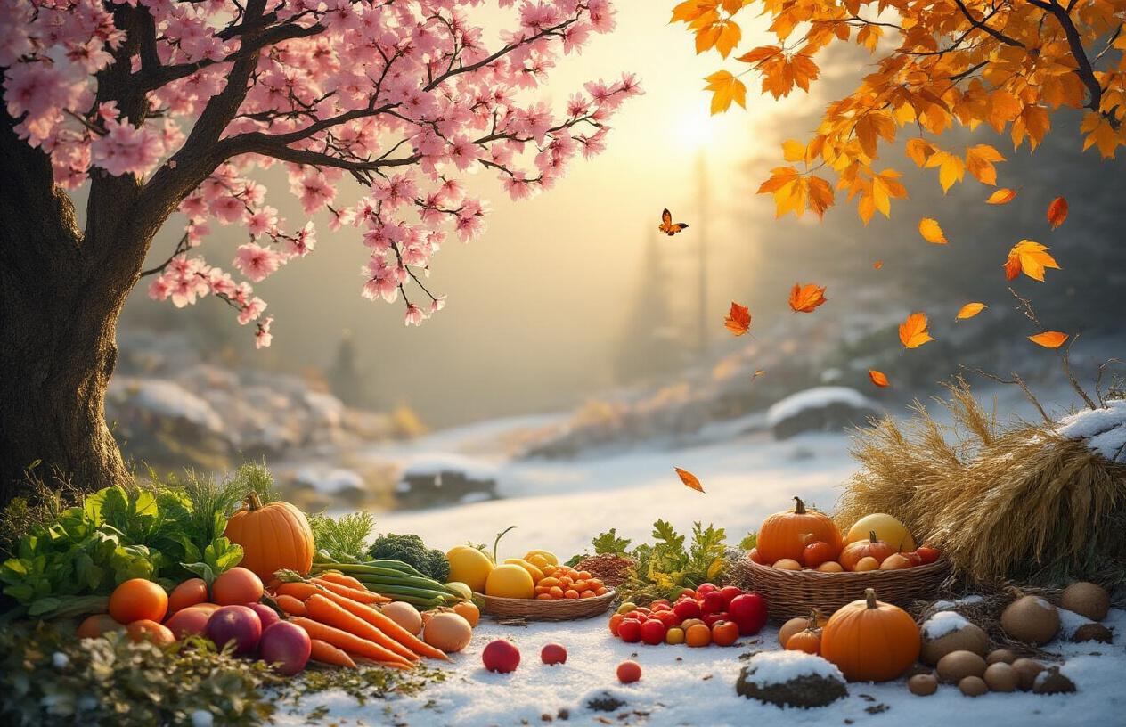 Create a realistic image of a serene nature scene showing the four seasons transitioning in one harmonious landscape, with spring blossoms on tree branches in the foreground, summer greenery and warm sunlight in one section, autumn golden leaves falling in another area, and winter snow-dusted elements in the background, featuring a peaceful natural setting with soft, warm lighting that creates a sense of balance and natural rhythm, complemented by seasonal foods like fresh spring vegetables, summer fruits, autumn harvest produce, and winter root vegetables naturally integrated into the scene, absolutely NO text should be in the scene.