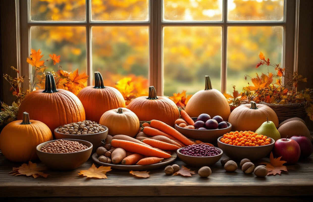 Create a realistic image of a rustic wooden table displaying an abundant harvest of fall foods including vibrant orange pumpkins, acorn squash, butternut squash, sweet potatoes, carrots, beets, apples, pears, walnuts, chestnuts, and dried beans in small bowls, with warm golden autumn sunlight streaming through a window in the background, creating a cozy kitchen atmosphere with fallen orange and red leaves visible outside the window, emphasizing the seasonal transition and nourishing qualities of these winter-preparation foods, absolutely NO text should be in the scene.
