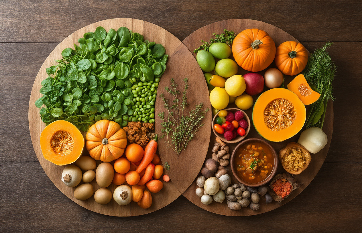 Create a realistic image of a beautifully arranged wooden table showcasing the four seasons of eating with four distinct sections: spring greens and sprouts in the top left, vibrant summer fruits and vegetables in bright sunlight in the top right, autumn harvest foods like squash and root vegetables with warm golden lighting in the bottom left, and winter comfort foods like hearty stews and warming spices in cozy dim lighting in the bottom right, all centered around a circular wooden cutting board with a variety of seasonal herbs, shot from above with natural lighting that transitions subtly across each seasonal section, creating a harmonious visual representation of year-round nutritional balance and seasonal eating wisdom, with a rustic kitchen background softly blurred, absolutely NO text should be in the scene.