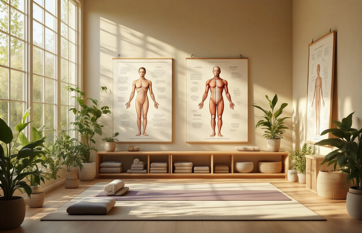 Create a realistic image of a serene indoor yoga studio with soft natural lighting streaming through large windows, featuring anatomical charts or diagrams of the human body's energy systems subtly displayed on wooden shelves or walls, yoga props like blocks and mats arranged peacefully in the background, potted green plants adding life to the space, warm earth tones throughout the scene, and a calming atmosphere that suggests scientific understanding meets spiritual practice, with gentle shadows creating depth and tranquility, absolutely NO text should be in the scene.