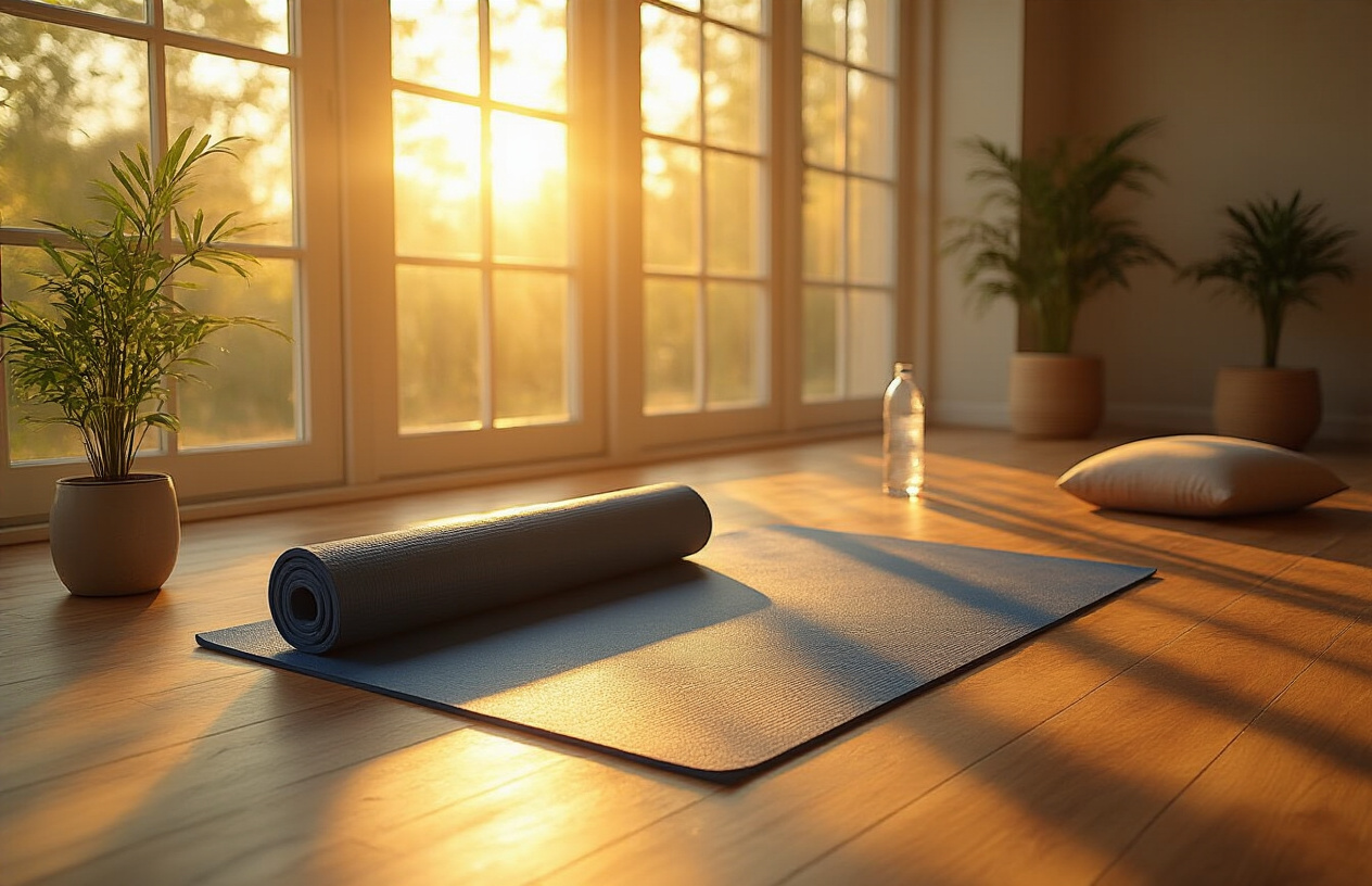 Create a realistic image of a serene yoga studio with warm golden morning sunlight streaming through large windows, featuring a rolled-up yoga mat in the foreground placed on a wooden floor, surrounded by subtle elements like a small potted plant, a water bottle, and a meditation cushion, with soft shadows creating a peaceful atmosphere that conveys completion and renewal, absolutely NO text should be in the scene.