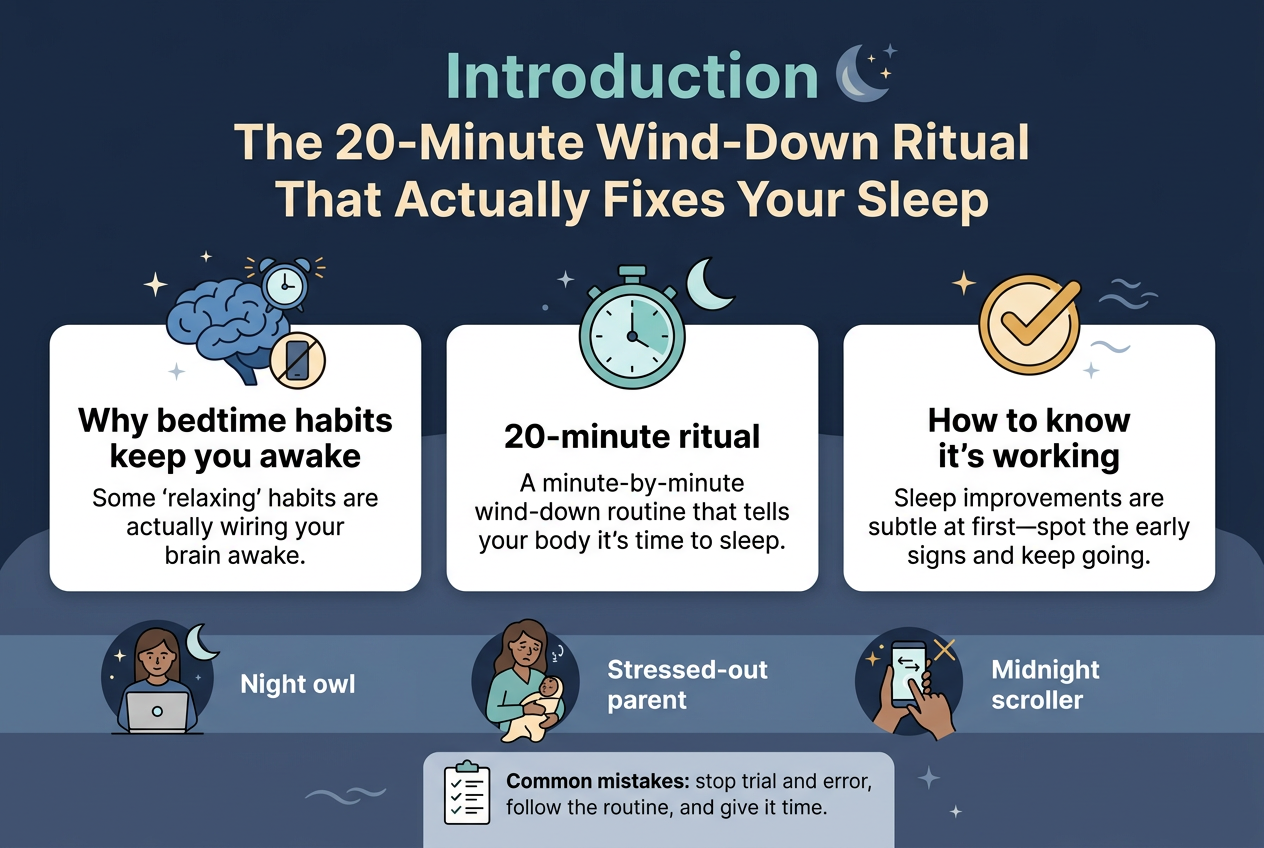 Create a clean, modern infographic illustration in a 3:2 aspect ratio, full-bleed layout with no frame, no margins, and no vertical poster stack. Use a professional editorial style with a calming nighttime palette: deep navy, slate blue, soft teal, warm white, and small accents of amber. Use bold sans-serif typography for headings and readable sans-serif body text.
Top center: large bold headline in white and teal with a subtle moon-and-stars icon beside it. Exact text: "Introduction"
Directly below, slightly larger subtitle text in warm white: "The 20-Minute Wind-Down Ritual That Actually Fixes Your Sleep"
Main layout: a wide 3-column horizontal section across the middle, each column in a rounded rectangle card with soft shadows and a distinct icon at the top.
Left card:
- Icon: a blue brain with a small glowing alarm clock and crossed-out phone
- Header text: "Why bedtime habits keep you awake"
- Short body text in 2 lines: "Some ‘relaxing’ habits are actually wiring your brain awake."
Center card:
- Icon: a teal stopwatch with a calm crescent moon
- Header text: "20-minute ritual"
- Short body text in 2 lines: "A minute-by-minute wind-down routine that tells your body it’s time to sleep."
Right card:
- Icon: a gold checkmark inside a circle with subtle sleep waves
- Header text: "How to know it’s working"
- Short body text in 2 lines: "Sleep improvements are subtle at first—spot the early signs and keep going."
Bottom section: a wide horizontal band with three small illustrated persona icons and short labels, spaced evenly left to right:
- Icon 1: a person with a laptop and moon above
Text: "Night owl"
- Icon 2: a tired parent holding a child’s blanket
Text: "Stressed-out parent"
- Icon 3: a hand holding a glowing phone with a crossed-out swipe motion
Text: "Midnight scroller"
Bottom-right or lower center, include a small note box with a checklist icon and the text:
"Common mistakes: stop trial and error, follow the routine, and give it time."
Use clear visual hierarchy, strong contrast, rounded shapes, and subtle line decorations like stars, crescent moons, and soft sleep waves. Keep the design balanced, spacious, and easy to scan, with all text crisp and legible.