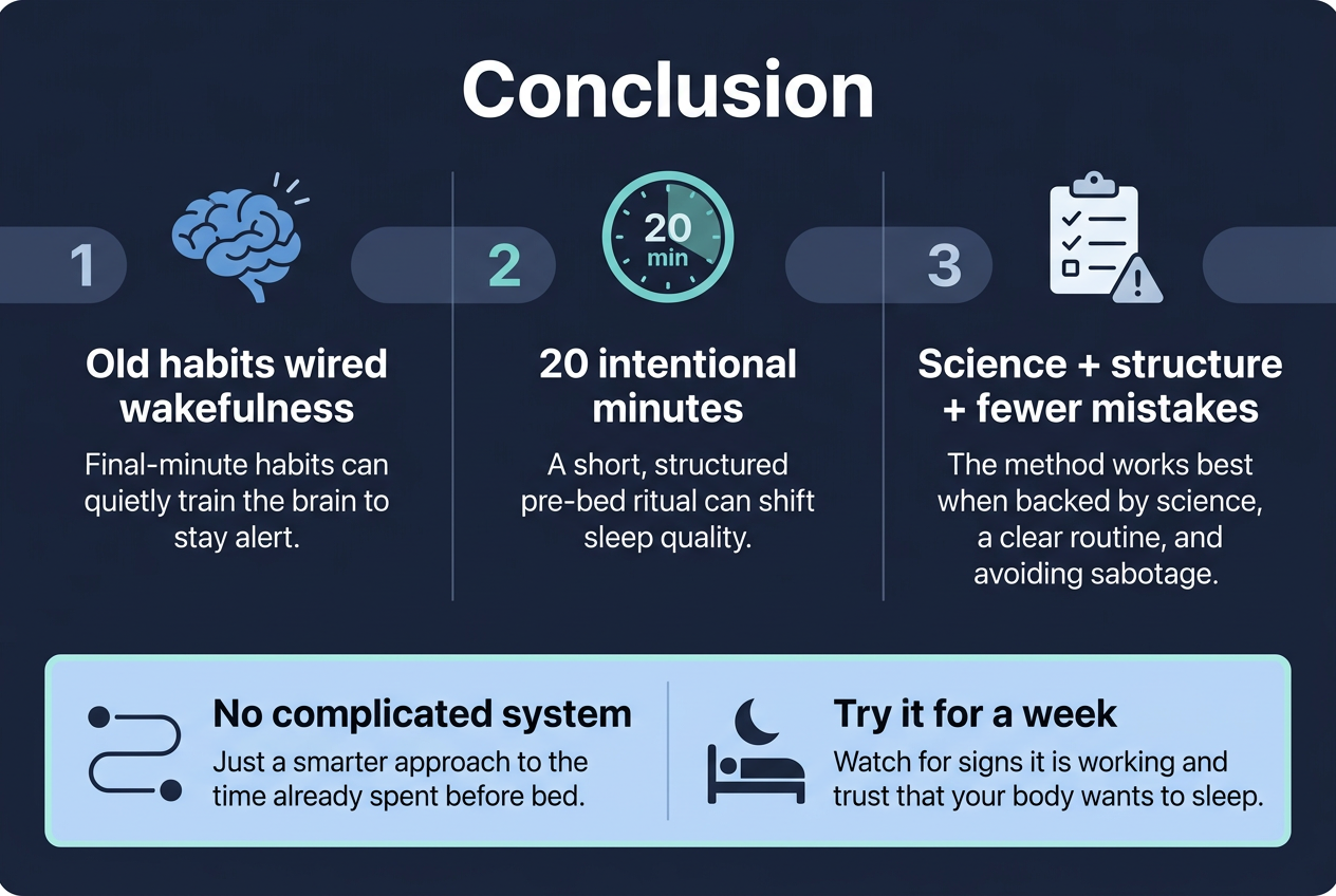 Create a clean, professional full-bleed infographic illustration in a 3:2 aspect ratio with a modern dark navy background, soft blue and teal accents, and white sans-serif typography with bold headings.
Top center, large bold title text: "Conclusion"
Below the title, use a wide 3-column horizontal layout with numbered sections and clear icon markers:
Left section:
A blue brain icon with subtle wakefulness lines
Large number label: "1"
Bold heading text: "Old habits wired wakefulness"
Smaller body text: "Final-minute habits can quietly train the brain to stay alert."
Center section:
A teal clock icon showing "20 min"
Large number label: "2"
Bold heading text: "20 intentional minutes"
Smaller body text: "A short, structured pre-bed ritual can shift sleep quality."
Right section:
A white checklist icon with a small warning symbol
Large number label: "3"
Bold heading text: "Science + structure + fewer mistakes"
Smaller body text: "The method works best when backed by science, a clear routine, and avoiding sabotage."
Across the lower third, add a wide highlighted banner with two side-by-side blocks:
Left lower block:
A simple minimalist path or step icon
Bold text: "No complicated system"
Smaller text: "Just a smarter approach to the time already spent before bed."
Right lower block:
A calm moon-and-bed icon
Bold text: "Try it for a week"
Smaller text: "Watch for signs it is working and trust that your body wants to sleep."
Use subtle dividing lines, rounded rectangles for each section, balanced spacing, strong visual hierarchy, and a polished editorial infographic style. No vertical poster frame, no inset margins, no extra text.