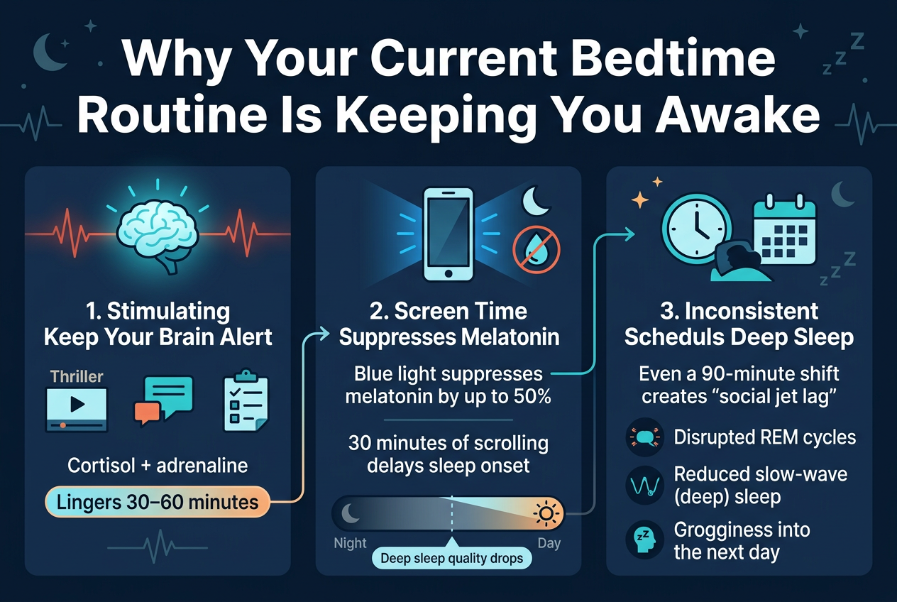 Create a clean modern infographic illustration in a full-bleed 3:2 aspect ratio, landscape layout, with a dark navy-to-deep blue background and bright cyan, teal, and warm orange accents. Use bold sans-serif typography with a strong hierarchy. Place a large bold title across the top: "Why Your Current Bedtime Routine Is Keeping You Awake".
Arrange the content in three wide horizontal sections across the canvas, with clear icons and short text blocks:
Left section: title "1. Stimulating Activities Keep Your Brain Alert" with a glowing brain icon and small icons of a thriller movie screen, a social media comment bubble, and a checklist/to-do list. Include the text: "Cortisol + adrenaline" and "Lingers 30–60 minutes" in a highlighted pill or callout. Add a subtle red/orange pulse line showing nervous system activation.
Center section: title "2. Screen Time Suppresses Melatonin" with a smartphone icon emitting blue light rays, a moon icon, and a crossed-out melatonin droplet icon. Include the text: "Blue light suppresses melatonin by up to 50%" and "30 minutes of scrolling delays sleep onset". Show a dimmed night-to-day slider or sleep meter dropping in quality, with a small label: "Deep sleep quality drops".
Right section: title "3. Inconsistent Schedule Disrupts Deep Sleep" with a clock icon, a calendar icon, and a sleeping person silhouette. Include the text: "Even a 90-minute shift creates 'social jet lag'" and three bullet points with small icons:
"Disrupted REM cycles"
"Reduced slow-wave (deep) sleep"
"Grogginess into the next day"
Use connecting arrows or flow lines from left to center to right to show the sequence of bedtime habits affecting sleep. Add subtle sleep-related motifs like stars, crescent moon, and waveform lines. Keep spacing balanced, with strong contrast and readable white text on dark panels. No border frame, no poster mockup, no centered vertical stack.