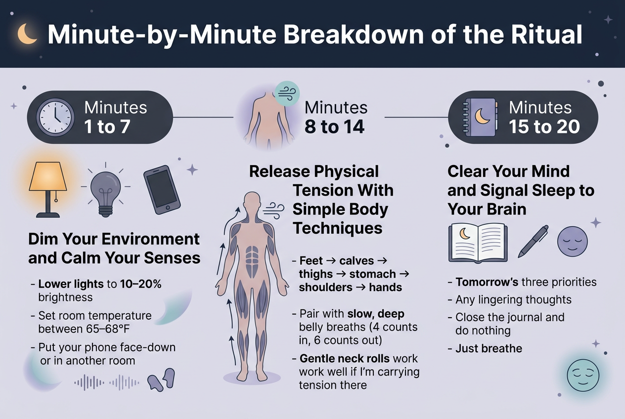Create a clean, professional infographic in a full-bleed 3:2 landscape layout with a calm nighttime palette of deep navy, charcoal, soft lavender, muted teal, and warm amber accents. Use modern sans-serif fonts with a bold large title at the top and clear section hierarchy. Include subtle sleep-themed icons and soft glowing shapes, with a wide horizontal layout split into three main sections across the page.
Top header across the full width:
Bold title text: "Minute-by-Minute Breakdown of the Ritual"
Add a small crescent moon icon near the title.
Left section, labeled with a rounded dark panel and a clock icon:
"Minutes 1 to 7"
Heading text: "Dim Your Environment and Calm Your Senses"
Show a warm lamp icon, a dimmed lightbulb icon, a phone face-down icon, and small sound-wave/earplug icon.
Include short bullet text:
"- Lower lights to 10–20% brightness"
"- Set room temperature between 65–68°F"
"- Put your phone face-down or in another room"
Center section, labeled with a soft illustrated body silhouette and breathing icon:
"Minutes 8 to 14"
Heading text: "Release Physical Tension With Simple Body Techniques"
Show a simple vertical human figure with highlighted muscle groups and arrows moving upward from feet to head, plus a breathing icon.
Include short bullet text:
"- Feet → calves → thighs → stomach → shoulders → hands"
"- Pair with slow, deep belly breaths (4 counts in, 6 counts out)"
"- Gentle neck rolls work well if I'm carrying tension there"
Right section, labeled with a notebook and moon icon:
"Minutes 15 to 20"
Heading text: "Clear Your Mind and Signal Sleep to Your Brain"
Show an open journal icon, a pen icon, and a calm resting face icon.
Include short bullet text:
"- Tomorrow's three priorities"
"- Any lingering thoughts"
"- Close the journal and do nothing"
"- Just breathe"
Use numbered time blocks with clear separators, subtle connecting lines, and plenty of negative space. Keep text legible, aligned, and balanced across the wide canvas. Add soft ambient gradients and minimal decorative stars or dots, but no clutter.