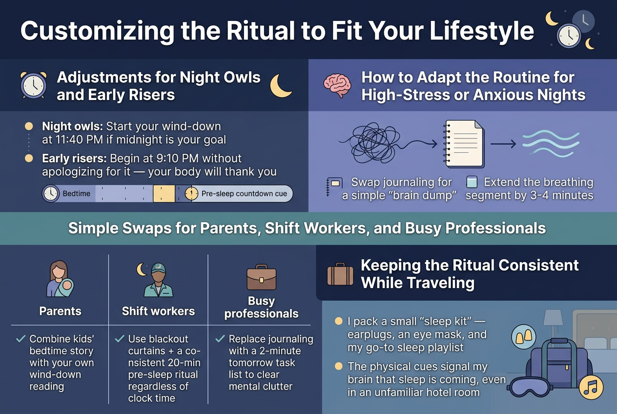 Create a clean, modern infographic illustration in a 3:2 landscape aspect ratio with a full-bleed layout, no frame, no inset border, and a wide multi-section composition. Use a calm sleep-themed palette of deep navy, soft indigo, muted teal, and warm pale yellow accents. Use bold sans-serif typography for headings and clear readable sans-serif body text.
Top header spanning full width:
Large bold title text: "Customizing the Ritual to Fit Your Lifestyle"
Add a subtle moon, clock, and crescent icon cluster near the title.
Below the header, organize the content into four wide horizontal sections with clear color-coded blocks and icons:
1) Left upper section titled: "Adjustments for Night Owls and Early Risers"
Use a clock icon and a moon icon. Include two bullet points with small circular markers:
- "Night owls: Start your wind-down at 11:40 PM if midnight is your goal"
- "Early risers: Begin at 9:10 PM without apologizing for it — your body will thank you"
Show a small timeline strip with a bedtime clock and a pre-sleep countdown cue.
2) Right upper section titled: "How to Adapt the Routine for High-Stress or Anxious Nights"
Use a brain icon, a notebook icon, and a breathing waves icon. Include two short bullet points:
- "Swap journaling for a simple \"brain dump\""
- "Extend the breathing segment by 3-4 minutes"
Add a visual of loose scribble lines flowing into a paper page, then calming wave lines.
3) Middle wide section titled: "Simple Swaps for Parents, Shift Workers, and Busy Professionals"
Create a 3-column table-style block with icons and labels:
Column 1: Parent icon, label "Parents"
Text: "Combine kids' bedtime story with your own wind-down reading"
Column 2: Night shift worker icon, label "Shift workers"
Text: "Use blackout curtains + a consistent 20-min pre-sleep ritual regardless of clock time"
Column 3: Briefcase icon, label "Busy professionals"
Text: "Replace journaling with a 2-minute tomorrow task list to clear mental clutter"
Use clean dividers between columns and small checkmark bullets.
4) Bottom wide section titled: "Keeping the Ritual Consistent While Traveling"
Use a suitcase icon, eye mask icon, earplugs icon, and music note icon. Include the text:
- "I pack a small \"sleep kit\" — earplugs, an eye mask, and my go-to sleep playlist"
- "The physical cues signal my brain that sleep is coming, even in an unfamiliar hotel room"
Show a small travel bag with the items arranged beside it and subtle hotel-room background hints.
Design details:
- Use clear section headers in bold white or dark navy depending on background contrast
- Add small illustrative icons next to each key idea
- Use rounded rectangles, soft shadows, and tidy spacing
- Keep text legible, balanced, and left-aligned within each block
- Avoid dense paragraphs; use short lines and bullets
- Make the composition wide and evenly distributed across the canvas