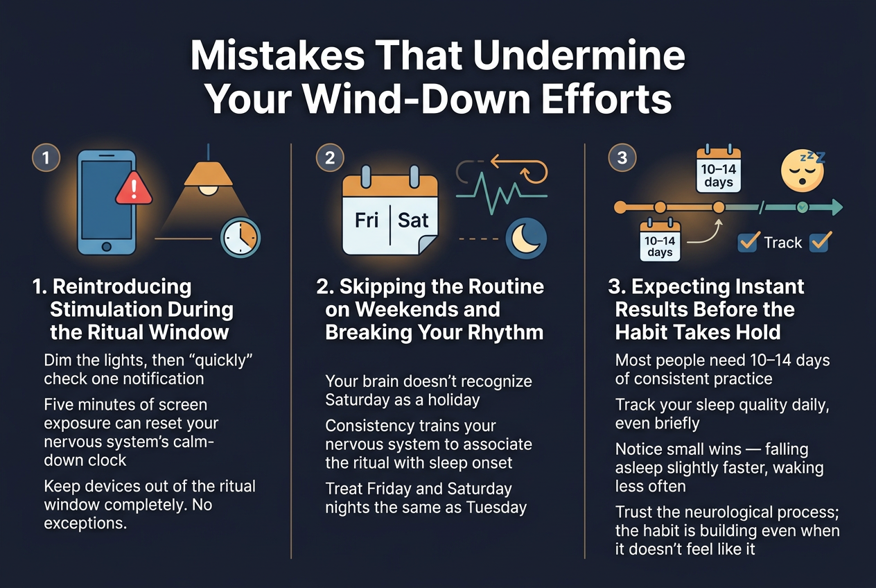 Full-bleed wide infographic illustration in 3:2 aspect ratio, clean modern editorial style, soft dark navy background with warm amber and teal accents, crisp white typography, subtle glow highlights, professional sans-serif font with bold heading hierarchy.
Top center: large bold title in white text: "Mistakes That Undermine Your Wind-Down Efforts"
Below the title, divide the canvas into three wide horizontal sections or three side-by-side content blocks with numbered labels and clear icons.
Left section:
A blue smartphone icon with a red alert symbol, dim bedroom lighting, and a small clock icon.
Bold subheading text: "1. Reintroducing Stimulation During the Ritual Window"
Body text in smaller white text:
"Dim the lights, then 'quickly' check one notification"
"Five minutes of screen exposure can reset your nervous system's calm-down clock"
"Keep devices out of the ritual window completely. No exceptions."
Center section:
A calendar icon showing Friday and Saturday, with a broken rhythm line or loop arrow, and a moon icon.
Bold subheading text: "2. Skipping the Routine on Weekends and Breaking Your Rhythm"
Body text in smaller white text:
"Your brain doesn't recognize Saturday as a holiday"
"Consistency trains your nervous system to associate the ritual with sleep onset"
"Treat Friday and Saturday nights the same as Tuesday"
Right section:
A progress timeline icon with a small calendar marked 10–14 days, a sleepy face icon, and checkmarks for tracking.
Bold subheading text: "3. Expecting Instant Results Before the Habit Takes Hold"
Body text in smaller white text:
"Most people need 10–14 days of consistent practice"
"Track your sleep quality daily, even briefly"
"Notice small wins — falling asleep slightly faster, waking less often"
"Trust the neurological process; the habit is building even when it doesn't feel like it"
Use numbered circular markers "1", "2", and "3" for each block. Add thin dividing lines between sections, balanced spacing, and a polished infographic layout with strong visual hierarchy. Keep all text legible, aligned, and left-justified within each section. No frame border, no inset margins, full-bleed composition.