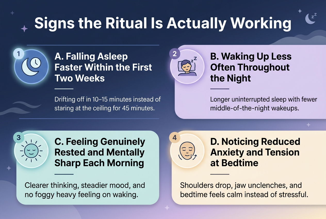 Create a full-bleed landscape infographic in 3:2 aspect ratio with a clean modern wellness aesthetic, soft midnight blue, lavender, pale teal, and warm cream color palette, subtle gradient background, crisp sans-serif typography, high contrast white text, and clear visual hierarchy.
Top center: a bold large heading in white text, exactly: "Signs the Ritual Is Actually Working"
Below the heading, arrange four wide horizontal sections in a 2x2 grid across the canvas, each with a numbered circular icon on the left, a strong subheading, and a short supporting line. Use simple flat icons with soft glow accents:
1. A crescent moon and clock icon in a blue circle.
2. A sleeping person with a small bed icon in a lavender circle.
3. A bright morning sun with a calm face icon in a pale teal circle.
4. A relaxed face with unclenched jaw and lowered shoulders icon in a warm cream circle.
Section 1, upper left:
Bold subheading text: "A. Falling Asleep Faster Within the First Two Weeks"
Smaller body text beneath: "Drifting off in 10–15 minutes instead of staring at the ceiling for 45 minutes."
Section 2, upper right:
Bold subheading text: "B. Waking Up Less Often Throughout the Night"
Smaller body text beneath: "Longer uninterrupted sleep with fewer middle-of-the-night wakeups."
Section 3, lower left:
Bold subheading text: "C. Feeling Genuinely Rested and Mentally Sharp Each Morning"
Smaller body text beneath: "Clearer thinking, steadier mood, and no foggy heavy feeling on waking."
Section 4, lower right:
Bold subheading text: "D. Noticing Reduced Anxiety and Tension at Bedtime"
Smaller body text beneath: "Shoulders drop, jaw unclenches, and bedtime feels calm instead of stressful."
Use thin dividing lines or soft rounded cards to separate the four sections, with subtle shadows and consistent spacing. Keep the layout balanced and spacious, with no vertical poster framing. Add small decorative stars, soft waves, and quiet sleep motifs in the background, but keep the text highly legible and dominant.