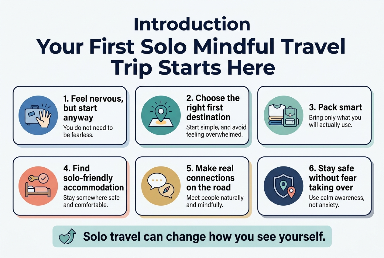 Create a clean professional infographic illustration in a 3:2 aspect ratio, full-bleed background, no frame, no inset margins, wide horizontal layout with clear sections and modern editorial style.
Top header across the full width:
Large bold title in dark navy sans-serif: "Introduction"
Directly below, even larger bold headline: "Your First Solo Mindful Travel Trip Starts Here"
Use a soft calming travel palette: deep navy, teal, seafoam, warm sand, white, and subtle coral accents. Use crisp sans-serif typography with strong hierarchy, high contrast, and lots of white space.
Main layout: a wide 2-row infographic with 6 labeled blocks arranged in a balanced grid, each block containing a simple flat icon and short text. Use rounded rectangles with light backgrounds and thin navy outlines. Place the first 3 blocks on the upper row and the next 3 blocks on the lower row.
Block 1 at upper left:
Blue circular icon with a small suitcase and a nervous hand gesture.
Text: "1. Feel nervous, but start anyway"
Smaller subtext: "You do not need to be fearless."
Block 2 at upper center:
Teal circular icon with a map pin and a glowing destination marker.
Text: "2. Choose the right first destination"
Smaller subtext: "Start simple, and avoid feeling overwhelmed."
Block 3 at upper right:
Seafoam circular icon with neatly folded clothes and a backpack.
Text: "3. Pack smart"
Smaller subtext: "Bring only what you will actually use."
Block 4 at lower left:
Coral circular icon with a bed, key, and checkmark.
Text: "4. Find solo-friendly accommodation"
Smaller subtext: "Stay somewhere safe and comfortable."
Block 5 at lower center:
Gold-accent circular icon with two speech bubbles and a small compass.
Text: "5. Make real connections on the road"
Smaller subtext: "Meet people naturally and mindfully."
Block 6 at lower right:
Dark navy circular icon with a shield and location pin.
Text: "6. Stay safe without fear taking over"
Smaller subtext: "Use calm awareness, not anxiety."
Bottom band spanning the full width:
A larger highlighted callout box in pale teal with a small heart and upward arrow icon.
Bold text: "Solo travel can change how you see yourself."
Keep the composition airy, balanced, and visually inviting, with icons aligned left inside each block and text aligned clearly beside or beneath each icon. Use subtle shadowing, clean line art, and polished infographic styling.