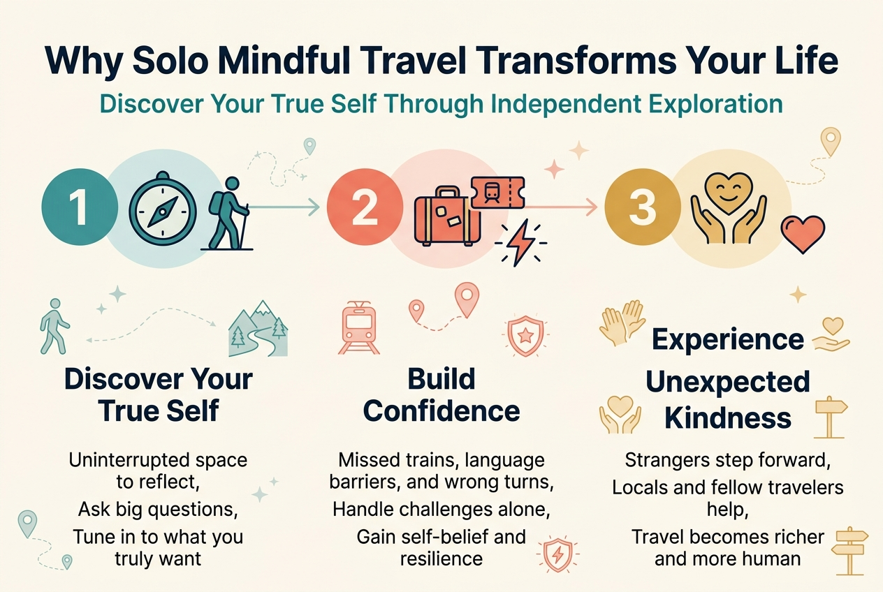 Create a clean, professional full-bleed infographic in a 3:2 aspect ratio with a modern editorial style, soft travel-themed background, and strong visual hierarchy. Use a white or very light cream background with teal, navy, warm gold, and coral accents. Use a bold sans-serif font for headings and a clean sans-serif font for body text. No inset frame, no poster border, no narrow vertical stack.
Top across the full width: large bold title in dark navy text, centered:
"Why Solo Mindful Travel Transforms Your Life"
Directly beneath it, smaller subtitle in teal:
"Discover Your True Self Through Independent Exploration"
Below the title, arrange three wide horizontal sections in a 3-column layout across the page, each with a large numbered circle and a clear icon.
Left section: a teal circle with the number "1" and a compass / solo traveler icon. Heading in bold navy:
"Discover Your True Self"
Body text in smaller dark gray:
"Uninterrupted space to reflect
Ask big questions
Tune in to what you truly want"
Add subtle visual symbols of a person walking alone and a quiet mountain path.
Center section: a coral circle with the number "2" and a suitcase, train ticket, and lightning-bolt challenge icon. Heading in bold navy:
"Build Confidence"
Body text in smaller dark gray:
"Missed trains, language barriers, and wrong turns
Handle challenges alone
Gain self-belief and resilience"
Add subtle visual symbols of a train, a map pin, and a small shield or starburst.
Right section: a warm gold circle with the number "3" and a smiling hands-helping / kindness icon. Heading in bold navy:
"Experience Unexpected Kindness"
Body text in smaller dark gray:
"Strangers step forward
Locals and fellow travelers help
Travel becomes richer and more human"
Add subtle visual symbols of two hands, a helping heart, and a small roadside sign.
Use connecting lines or gentle arrows across the three sections to suggest a journey from self-discovery to confidence to kindness. Add small decorative travel elements like a map line, stars, and location pins in the background, kept subtle and minimal. Keep all text crisp and legible, aligned neatly within each section, with generous spacing and a balanced composition.