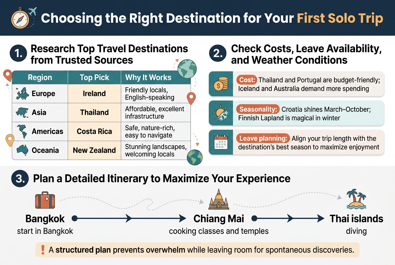 Create a clean, professional wide infographic in a 3:2 aspect ratio with a full-bleed layout, no border frame, using a modern travel aesthetic with deep navy, teal, warm orange, soft white, and light gray accents. Use bold sans-serif typography for headings and clear readable sans-serif body text.
Top full-width header bar with a small compass and airplane icon on the left and the large bold title text:
"Choosing the Right Destination for Your First Solo Trip"
Below the title, arrange the content in three wide horizontal sections with clear numbered labels and icons.
Section 1 on the upper half, left side: a two-column destination comparison block titled:
"1. Research Top Travel Destinations from Trusted Sources"
Include a clean table with three columns labeled:
"Region" | "Top Pick" | "Why It Works"
Use small icons beside each region name.
Rows:
"Europe" | "Ireland" | "Friendly locals, English-speaking"
"Asia" | "Thailand" | "Affordable, excellent infrastructure"
"Americas" | "Costa Rica" | "Safe, nature-rich, easy to navigate"
"Oceania" | "New Zealand" | "Stunning landscapes, welcoming locals"
Add subtle map pin icons and small globe graphic accents around the table.
Section 2 on the upper half, right side: a practical planning block titled:
"2. Check Costs, Leave Availability, and Weather Conditions"
Show three stacked horizontal mini-panels with icons:
A coin icon next to:
"Cost: Thailand and Portugal are budget-friendly; Iceland and Australia demand more spending"
A sun/snow icon next to:
"Seasonality: Croatia shines March–October; Finnish Lapland is magical in winter"
A calendar icon next to:
"Leave planning: Align your trip length with the destination's best season to maximize enjoyment"
Use colored pill-shaped labels for "Cost", "Seasonality", and "Leave planning".
Section 3 across the lower full width: an itinerary planning timeline titled:
"3. Plan a Detailed Itinerary to Maximize Your Experience"
Show a left-to-right travel route with connected dots, arrows, and destination icons:
"Bangkok" → "Chiang Mai" → "Thai islands"
Under Bangkok add small text:
"start in Bangkok"
Under Chiang Mai add small text:
"cooking classes and temples"
Under Thai islands add small text:
"diving"
Include a suitcase icon, temple icon, island palm icon, and a subtle dotted path line. Add a highlighted note box at the bottom of this section with the text:
"A structured plan prevents overwhelm while leaving room for spontaneous discoveries."
Use a balanced multi-column layout, strong hierarchy, ample spacing, crisp icons, and polished editorial infographic styling. Ensure all text is exactly as written above and clearly legible.