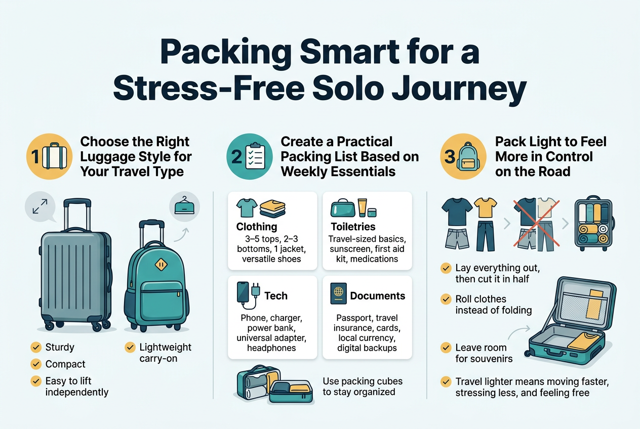 Create a clean, modern infographic illustration in a 3:2 aspect ratio, full-bleed layout with no frame, wide horizontal composition, and a professional travel aesthetic in teal, navy, white, light gray, and warm yellow accents. Use bold sans-serif typography with clear visual hierarchy.
Top center: large bold heading in dark navy text: "Packing Smart for a Stress-Free Solo Journey"
Below the title, arrange three wide horizontal sections across the canvas with icons and numbered labels.
Left section, labeled with a large "1" in a yellow circle and a suitcase icon:
Heading text: "Choose the Right Luggage Style for Your Travel Type"
Include two side-by-side luggage visuals: a medium hard-shell suitcase and a lightweight carry-on backpack with wheels. Add small check marks beside these words: "Sturdy", "Compact", "Easy to lift independently". Use subtle arrows or a small overhead-bin icon near the luggage.
Middle section, labeled with a large "2" in a teal circle and a checklist icon:
Heading text: "Create a Practical Packing List Based on Your Weekly Essentials"
Show a neat 2x2 grid of four category cards with small icons:
"Clothing" with folded clothes icon and text: "3–5 tops, 2–3 bottoms, 1 jacket, versatile shoes"
"Toiletries" with toiletry bag icon and text: "Travel-sized basics, sunscreen, first aid kit, medications"
"Tech" with phone and charger icon and text: "Phone, charger, power bank, universal adapter, headphones"
"Documents" with passport icon and text: "Passport, travel insurance, cards, local currency, digital backups"
Place a small packing cubes illustration at the bottom of this section with the text: "Use packing cubes to stay organized"
Right section, labeled with a large "3" in a warm yellow circle and a light backpack icon:
Heading text: "Pack Light to Feel More in Control on the Road"
Show a visual sequence: clothes laid out, then half of them crossed out, then neatly rolled clothes inside a suitcase. Add a small open suitcase with visible empty space for souvenirs. Include short bullet text with check icons:
"Lay everything out, then cut it in half"
"Roll clothes instead of folding"
"Leave room for souvenirs"
"Travel lighter means moving faster, stressing less, and feeling free"
Use clean white or very light background, balanced spacing, crisp shadows, simple flat vector style, and clear iconography. Keep all text legible, aligned, and organized in wide sections rather than a vertical stack.