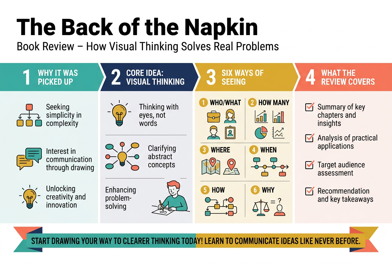 Aspect ratio 3:2, full-bleed landscape infographic in a clean modern editorial style, white background with navy, teal, mustard yellow, and coral accents, bold sans-serif title at top left.
Top header area:
Large bold heading text: "The Back of the Napkin"
Smaller subtitle text directly below: "Book Review – How Visual Thinking Solves Real Problems"
Main layout: wide horizontal 4-section infographic with clear visual hierarchy, using icons, numbered blocks, and simple line illustrations.
Section 1 on left, labeled with a navy circular number badge "1":
Text heading: "Why I Picked It Up"
Icon: a hand holding a pen above a napkin sketch and a small meeting table
Body text in short lines:
"Solid ideas"
"Struggled to communicate them"
"Needed a clearer way to explain complex thoughts"
Section 2 next to it, labeled with a teal circular number badge "2":
Text heading: "Core Idea"
Icon: a rough napkin sketch transforming into a clean diagram
Body text:
"A sketch can do what a hundred-slide deck can't"
"Visual thinking helps ideas land faster"
"Simple drawings make problems easier to understand"
Section 3 next, labeled with a mustard circular number badge "3":
Text heading: "Six Ways of Seeing"
Icon: six small connected visual tiles in a 2x3 grid with simple symbols: a person, an object, a map, a chart, a flow arrow, a comparison split
Text beneath in a compact list:
"Who / What"
"How much"
"Where"
"When"
"How"
"Why"
Section 4 on the right, labeled with a coral circular number badge "4":
Text heading: "What the Review Covers"
Icon: notebook with checkmarks and a small balance scale
Body text:
"Core visual thinking framework"
"Honest strengths and weaknesses"
"Practical ways to use it today"
"No art skills required"
Bottom band across the full width with a strong takeaway callout in a colored ribbon:
Bold text: "Best for consultants, marketers, managers, designers, educators, and anyone explaining complex ideas"
Secondary emphasis text: "A rough sketch can make ideas clear"
Use clean spacing, crisp vector shapes, subtle shadows, and strong alignment. Keep the layout wide and balanced, with multiple horizontal sections, not a vertical poster. No extra text beyond the phrases shown.