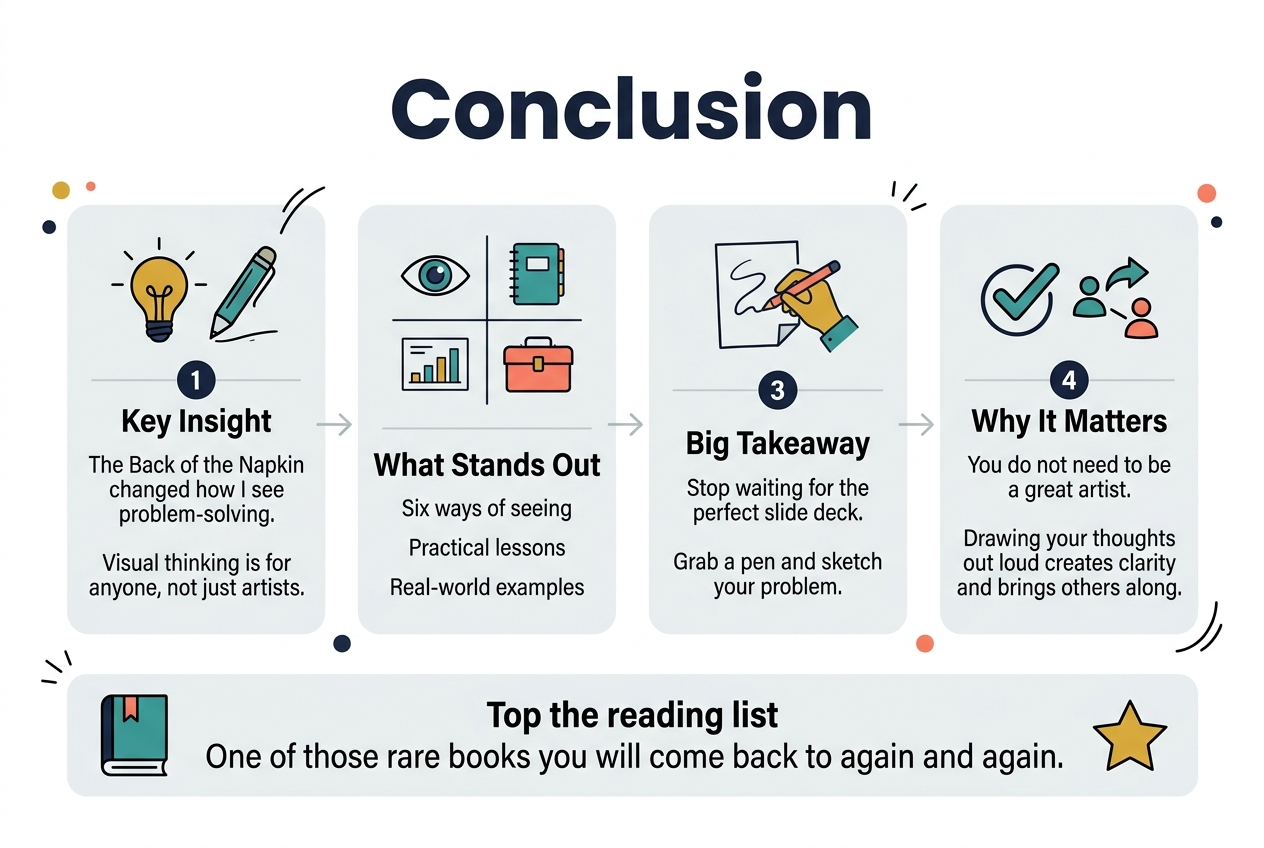 Full-bleed 3:2 landscape infographic illustration, clean professional editorial style, white background with navy, teal, mustard, and coral accents, modern sans-serif fonts, bold hierarchy, wide horizontal layout with no poster frame.
Top center: large bold title in dark navy text, "Conclusion"
Across the middle, use four wide horizontal sections or cards arranged left to right with clear icons and numbered labels:
1. Left card with a lightbulb and sketch pen icon, heading "Key Insight", body text:
"The Back of the Napkin changed how I see problem-solving."
"Visual thinking is for anyone, not just artists."
2. Second card with a simple four-part visual icon set: eye, notebook, example chart, and toolbox, heading "What Stands Out", body text:
"Six ways of seeing"
"Practical lessons"
"Real-world examples"
3. Third card with a hand drawing on paper icon, heading "Big Takeaway", body text:
"Stop waiting for the perfect slide deck."
"Grab a pen and sketch your problem."
4. Right card with a checkmark and people-sharing icon, heading "Why It Matters", body text:
"You do not need to be a great artist."
"Drawing your thoughts out loud creates clarity and brings others along."
Bottom wide banner spanning the page with a book icon on the left and a star icon on the right, bold text:
"Top the reading list"
"One of those rare books you will come back to again and again."
Use subtle arrows connecting the cards from left to right. Add small accent dots and sketch lines for visual energy. Keep all text crisp, legible, and minimal, with strong spacing and balanced composition.