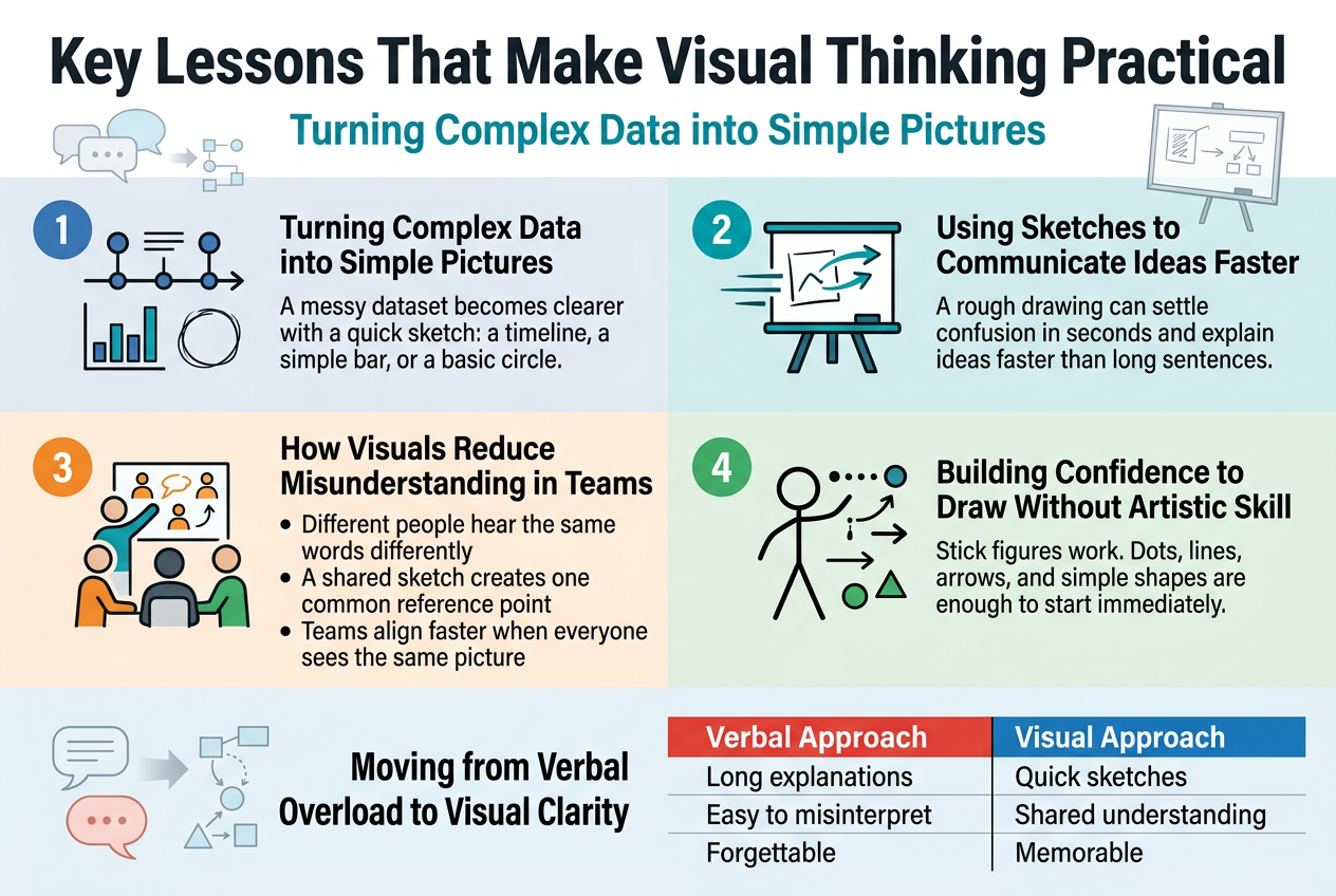 Create a clean, professional full-bleed infographic illustration in a 3:2 aspect ratio with a modern flat vector style, white background with blue, teal, orange, and charcoal accents, bold sans-serif typography, strong hierarchy, and wide horizontal composition.
Top header across full width: large bold title text in dark charcoal: "Key Lessons That Make Visual Thinking Practical"
Directly below the title, smaller subtitle text in teal: "Turning Complex Data into Simple Pictures"
Main layout: four wide horizontal sections arranged in a 2x2 grid, each with a numbered circle, a simple icon, a bold section heading, and short supporting text.
Section 1 at top left:
Numbered circle "1" in blue, icon of a timeline, bar chart, and circle sketch.
Heading: "Turning Complex Data into Simple Pictures"
Body text: "A messy dataset becomes clearer with a quick sketch: a timeline, a simple bar, or a basic circle."
Section 2 at top right:
Numbered circle "2" in teal, icon of a whiteboard with a sketch and fast arrow lines.
Heading: "Using Sketches to Communicate Ideas Faster"
Body text: "A rough drawing can settle confusion in seconds and explain ideas faster than long sentences."
Section 3 at bottom left:
Numbered circle "3" in orange, icon of three people around a shared sketch board.
Heading: "How Visuals Reduce Misunderstanding in Teams"
Body text in three short bullets:
"Different people hear the same words differently"
"A shared sketch creates one common reference point"
"Teams align faster when everyone sees the same picture"
Section 4 at bottom right:
Numbered circle "4" in green, icon of a stick figure drawing with dots, lines, arrows, and basic shapes.
Heading: "Building Confidence to Draw Without Artistic Skill"
Body text: "Stick figures work. Dots, lines, arrows, and simple shapes are enough to start immediately."
Bottom band spanning full width:
A side-by-side comparison table with a clear divider, titled in bold: "Moving from Verbal Overload to Visual Clarity"
Left column header in red: "Verbal Approach"
Right column header in blue: "Visual Approach"
Three rows of paired text:
"Long explanations" مقابل "Quick sketches"
"Easy to misinterpret" مقابل "Shared understanding"
"Forgettable" مقابل "Memorable"
Add subtle supporting visuals: speech bubbles fading into simple diagrams, a whiteboard sketch, and clean line icons. Use ample spacing, crisp alignment, and a polished editorial infographic style. No inset frame, no poster border, no narrow vertical stack.