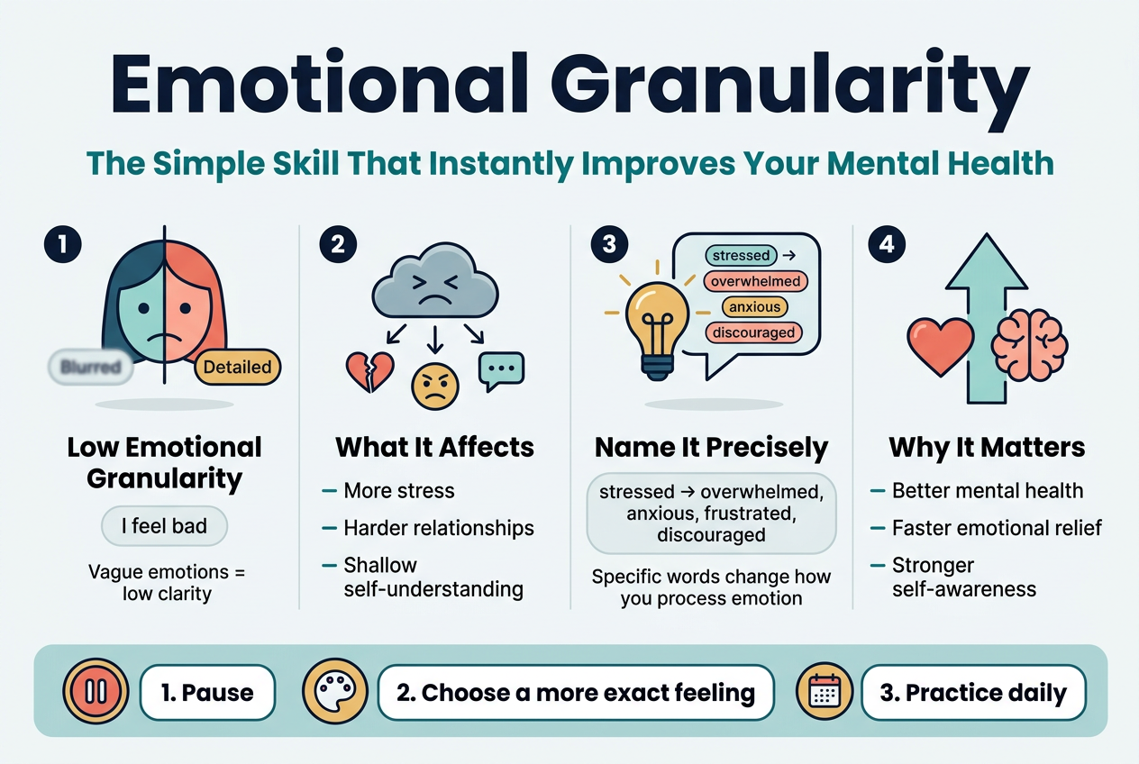 Aspect ratio 3:2, full-bleed clean professional infographic on a soft white background with teal, navy, coral, and gold accents. Wide horizontal layout with no inset frame, using 4 evenly spaced sections across the canvas.
Top header across the full width:
Large bold title in dark navy sans-serif: "Emotional Granularity"
Smaller subtitle beneath in teal: "The Simple Skill That Instantly Improves Your Mental Health"
Below the header, a wide 4-part horizontal flow with clear icons and short text blocks:
Section 1 on the left:
A split-face icon with two simple emotional labels, one blurred and one detailed.
Bold heading: "Low Emotional Granularity"
Body text: "I feel bad"
Smaller line under it: "Vague emotions = low clarity"
Section 2 center-left:
A cloudy stress icon with arrows pointing outward to three small symbols: a broken heart, a tense face, and a speech bubble.
Bold heading: "What It Affects"
Three short bullet lines:
"More stress"
"Harder relationships"
"Shallow self-understanding"
Section 3 center-right:
A bright lightbulb and speech bubble icon with multiple emotion words inside small rounded tags.
Bold heading: "Name It Precisely"
Text in a rounded box:
"stressed â overwhelmed, anxious, frustrated, discouraged"
Smaller line beneath: "Specific words change how you process emotion"
Section 4 on the right:
A simple upward arrow with a heart and brain icon.
Bold heading: "Why It Matters"
Three short bullet lines:
"Better mental health"
"Faster emotional relief"
"Stronger self-awareness"
Along the bottom, a wide banner strip with 3 small numbered steps in rounded boxes, each with a matching icon:
1. "Pause"
2. "Choose a more exact feeling"
3. "Practice daily"
Use bold hierarchy, clear spacing, modern sans-serif typography, flat vector style, crisp outlines, subtle shadows, and professional editorial infographic design.