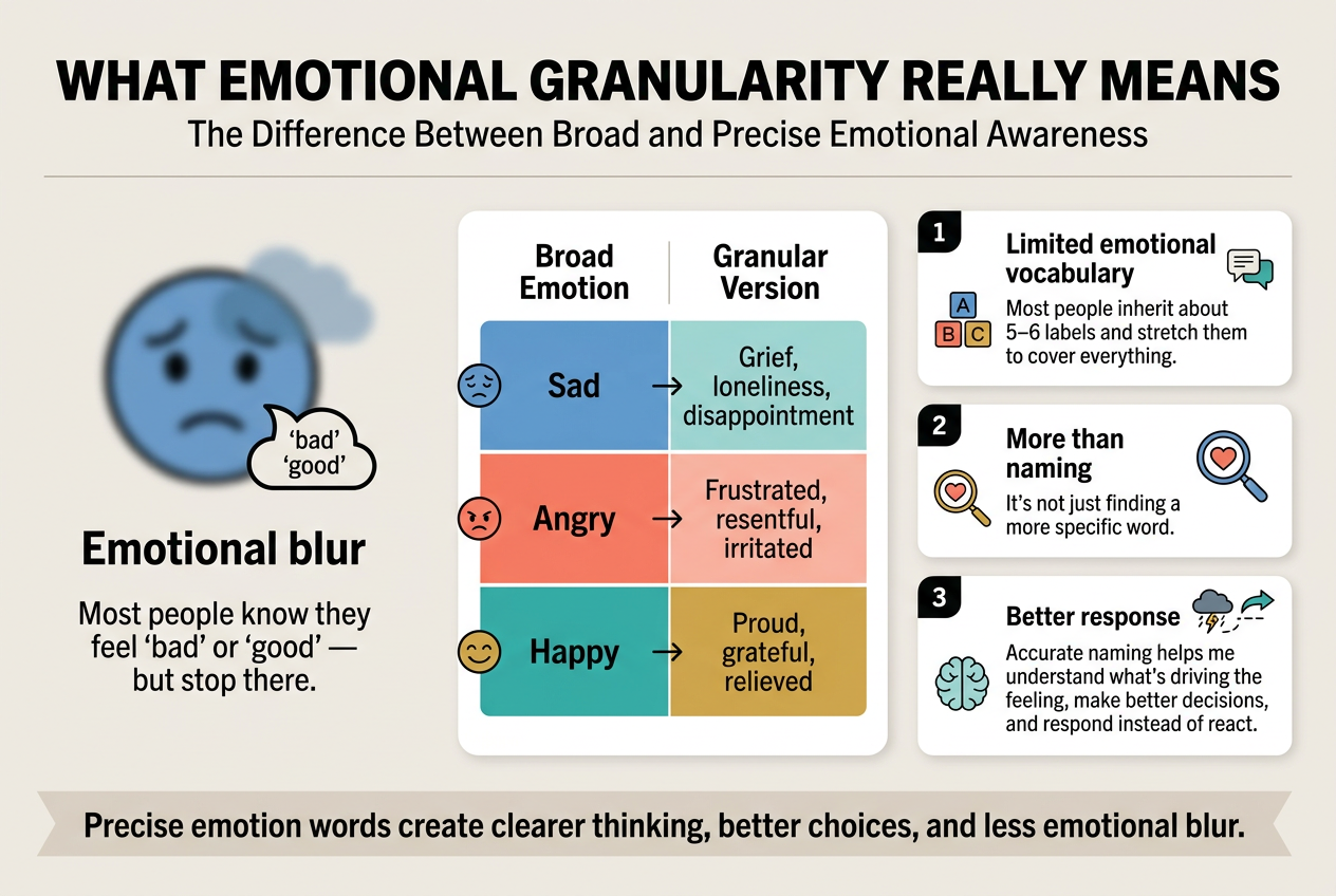 Create a full-bleed 3:2 infographic illustration with a clean modern editorial style, soft neutral background with blue, teal, coral, and gold accents, bold sans-serif headline, and clear visual hierarchy.
Top header across the full width:
âWHAT EMOTIONAL GRANULARITY REALLY MEANSâ
Smaller subtitle beneath:
âThe Difference Between Broad and Precise Emotional Awarenessâ
Use a wide three-section layout with horizontal flow and icons.
Left section:
Large blurred face/cloud icon with a simple label:
âEmotional blurâ
Short text below:
âMost people know they feel âbadâ or âgoodâ â but stop there.â
Include a small speech bubble icon with the words:
âbadâ
âgoodâ
Center section:
A clean 2-column comparison block titled:
âBroad Emotionâ and âGranular Versionâ
Use color-coded rows with small emotion icons beside each line.
Row 1:
âSadâ â âGrief, loneliness, disappointmentâ
Row 2:
âAngryâ â âFrustrated, resentful, irritatedâ
Row 3:
âHappyâ â âProud, grateful, relievedâ
Right section:
A wide vertical stack of three numbered cards with simple line icons.
1. Title:
âLimited emotional vocabularyâ
Body text:
âMost people inherit about 5â6 labels and stretch them to cover everything.â
Icon: small alphabet blocks and a speech bubble.
2. Title:
âMore than namingâ
Body text:
âItâs not just finding a more specific word.â
Icon: magnifying glass over a heart.
3. Title:
âBetter responseâ
Body text:
âAccurate naming helps me understand whatâs driving the feeling, make better decisions, and respond instead of react.â
Icon: calm brain and arrow moving from stormy cloud to clear path.
Add a bottom ribbon spanning the width with a bold takeaway statement:
âPrecise emotion words create clearer thinking, better choices, and less emotional blur.â
Use crisp spacing, subtle dividers, rounded cards, balanced typography, and strong contrast. Keep all text exactly as written. No watermark, no photo collage, no poster frame, no vertical centered stack.