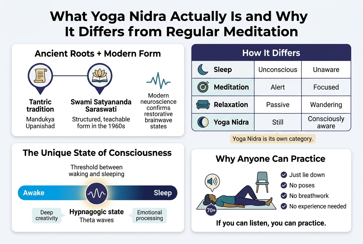 Create a clean, modern full-bleed infographic illustration in a 3:2 aspect ratio with a white background, deep indigo and teal accents, soft gold highlights, and a professional sans-serif font hierarchy. Place a bold title across the top spanning the width: "What Yoga Nidra Actually Is and Why It Differs from Regular Meditation".
Below the title, organize the infographic into four wide horizontal sections with clear visual separation, using icons and simple blocks rather than a narrow vertical stack.
SECTION 1, upper left: a timeline-style block titled "Ancient Roots + Modern Form" with two connected markers. First marker: a parchment scroll icon labeled "Tantric tradition" and "Mandukya Upanishad". Second marker: a lotus-and-book icon labeled "Swami Satyananda Saraswati" and "Structured, teachable form in the 1960s". Add a small brain-wave line graphic beside it with the label "Modern neuroscience confirms restorative brainwave states".
SECTION 2, upper right: a 2-column comparison table with a bold header row titled "How It Differs". Use four rows with clear icons on the left of each row: moon icon for "Sleep", target icon for "Meditation", sofa icon for "Relaxation", and crescent-circle awareness icon for "Yoga Nidra". Include exact table text:
"Sleep" | "Unconscious" | "Unaware"
"Meditation" | "Alert" | "Focused"
"Relaxation" | "Passive" | "Wandering"
"Yoga Nidra" | "Still" | "Consciously aware"
Place a small highlighted note beneath the table: "Yoga Nidra is its own category."
SECTION 3, lower left: a wide band titled "The Unique State of Consciousness" with a simple layered diagram showing awake state transitioning into sleep state. Use a horizontal gradient from bright blue to deep navy with a glowing midpoint labeled "Threshold between waking and sleeping". Add a centered theta-wave icon and the text "Hypnagogic state" and "Theta waves". Include two small callouts: "Deep creativity" and "Emotional processing".
SECTION 4, lower right: a simple accessible-practice panel titled "Why Anyone Can Practice". Show an illustration of a person lying down on a mat with a listening symbol near the ear and a small chair icon nearby for simplicity. Use three checkmark bullets with exact text:
"Just lie down"
"No poses"
"No breathwork"
"No experience needed"
Add a final bold line at the bottom of this panel: "If you can listen, you can practice."
Include a small age badge icon reading "70+" near the figure to imply accessibility for older adults.
Use clear spacing, rounded rectangular cards, subtle shadows, and strong visual hierarchy. Keep text crisp and readable, with titles large and bold, section headers medium-bold, and supporting labels smaller. Ensure all elements are arranged in a balanced landscape composition with wide horizontal flow and no narrow centered poster layout.