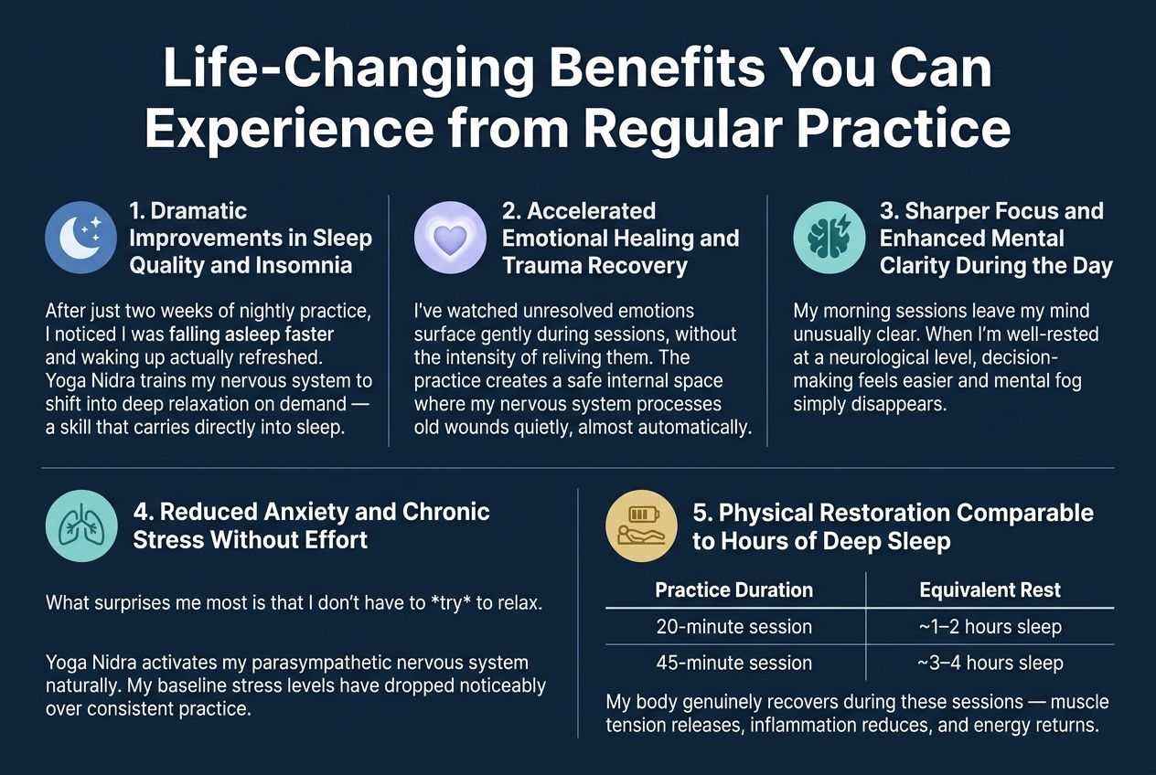 Create a clean, modern infographic in a 3:2 landscape aspect ratio with a full-bleed layout, no border frame, and wide horizontal organization. Use a calming palette of deep navy, teal, soft blue, white, and light lavender accents. Use bold sans-serif typography for the title and clear readable sans-serif body text. Place a large bold title across the top center:
"Life-Changing Benefits You Can Experience from Regular Practice"
Below the title, arrange five wide content blocks in a balanced 2-row layout: three blocks across the upper middle and two larger blocks across the lower middle. Use numbered section headers with circular icons beside each number. Each block should have a distinct icon and short text. Keep spacing clean and professional.
Section 1 on the upper left: a moon and stars icon in a blue circle. Header text:
"1. Dramatic Improvements in Sleep Quality and Insomnia Relief"
Body text:
"After just two weeks of nightly practice, I noticed I was falling asleep faster and waking up actually refreshed. Yoga Nidra trains my nervous system to shift into deep relaxation on demand — a skill that carries directly into sleep."
Section 2 in the upper center: a softly glowing heart icon in a lavender circle. Header text:
"2. Accelerated Emotional Healing and Trauma Recovery"
Body text:
"I've watched unresolved emotions surface gently during sessions, without the intensity of reliving them. The practice creates a safe internal space where my nervous system processes old wounds quietly, almost automatically."
Section 3 on the upper right: a brain and spark icon in a teal circle. Header text:
"3. Sharper Focus and Enhanced Mental Clarity During the Day"
Body text:
"My morning sessions leave my mind unusually clear. When I'm well-rested at a neurological level, decision-making feels easier and mental fog simply disappears."
Section 4 on the lower left, wider than the top blocks: a calm breathing lungs icon in a green-blue circle. Header text:
"4. Reduced Anxiety and Chronic Stress Without Effort"
Body text:
"What surprises me most is that I don't have to *try* to relax. Yoga Nidra activates my parasympathetic nervous system naturally. My baseline stress levels have dropped noticeably over consistent practice."
Section 5 on the lower right, wider than the top blocks: a resting body and battery/recharge icon in a gold circle. Header text:
"5. Physical Restoration Comparable to Hours of Deep Sleep"
Include a simple two-row comparison table beneath the header with clean lines and bold labels:
"Practice Duration" | "Equivalent Rest"
"20-minute session" | "~1–2 hours sleep"
"45-minute session" | "~3–4 hours sleep"
Add a short line beneath the table:
"My body genuinely recovers during these sessions — muscle tension releases, inflammation reduces, and energy returns."
Use subtle divider lines, soft shadows, and consistent icon style. Keep all text crisp, legible, and left-aligned inside each block.