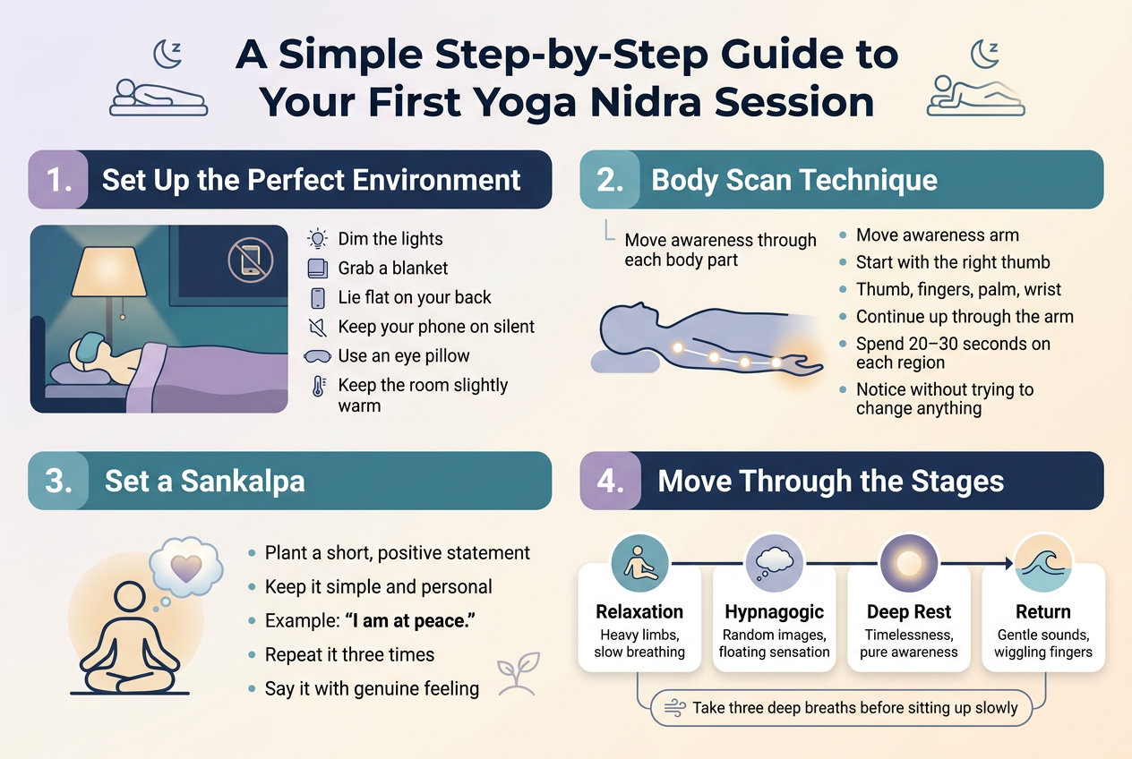 Create a clean, professional full-bleed infographic in a 3:2 landscape layout with a soft calming palette of deep blue, teal, lavender, and warm cream, using modern sans-serif fonts with a bold title at the top.
TOP HEADER:
Large bold title centered across the top:
"A Simple Step-by-Step Guide to Your First Yoga Nidra Session"
Add a subtle line icon of a person lying down with a moon or sleep symbol near the title.
MAIN LAYOUT:
Use four wide horizontal sections across the page, arranged left-to-right and top-to-bottom in a balanced infographic flow with clear numbered blocks, icons, and short text.
SECTION 1 — LEFT TOP:
Header text:
"1. Set Up the Perfect Environment"
Add a calm room illustration with dim lamp, blanket, eye pillow, and muted phone icon.
Include these bullet points:
"Dim the lights"
"Grab a blanket"
"Lie flat on your back"
"Keep your phone on silent"
"Use an eye pillow"
"Keep the room slightly warm"
Add small icons for light, blanket, phone, eye mask, and temperature.
SECTION 2 — RIGHT TOP:
Header text:
"2. Body Scan Technique"
Show a simple side-view body silhouette lying down with highlighted path markers moving from hand to arm.
Include this text:
"Move awareness through each body part"
"Start with the right thumb"
"Thumb, fingers, palm, wrist"
"Continue up through the arm"
"Spend 20–30 seconds on each region"
"Notice without trying to change anything"
Add small circular markers along the arm and a gentle glow effect.
SECTION 3 — LEFT BOTTOM:
Header text:
"3. Set a Sankalpa"
Show a meditation icon with a calm thought bubble or soft glowing heart.
Include this text:
"Plant a short, positive statement"
"Keep it simple and personal"
"Example: “I am at peace.”"
"Repeat it three times"
"Say it with genuine feeling"
Add a subtle seed or sprout symbol to suggest intention.
SECTION 4 — RIGHT BOTTOM:
Header text:
"4. Move Through the Stages"
Create a four-step horizontal timeline with four labeled cards and distinct icons:
"Relaxation" — "Heavy limbs, slow breathing"
"Hypnagogic" — "Random images, floating sensation"
"Deep Rest" — "Timelessness, pure awareness"
"Return" — "Gentle sounds, wiggling fingers"
Use icons for each stage: weighted body, dreamy cloud, glowing circle, and rising wave.
Add a final small callout box below the timeline:
"Take three deep breaths before sitting up slowly"
STYLE:
Use soft gradients, clean spacing, rounded cards, thin dividers, and clear visual hierarchy. Keep text crisp and readable. No borders or poster frame. No extra text beyond the wording shown above.