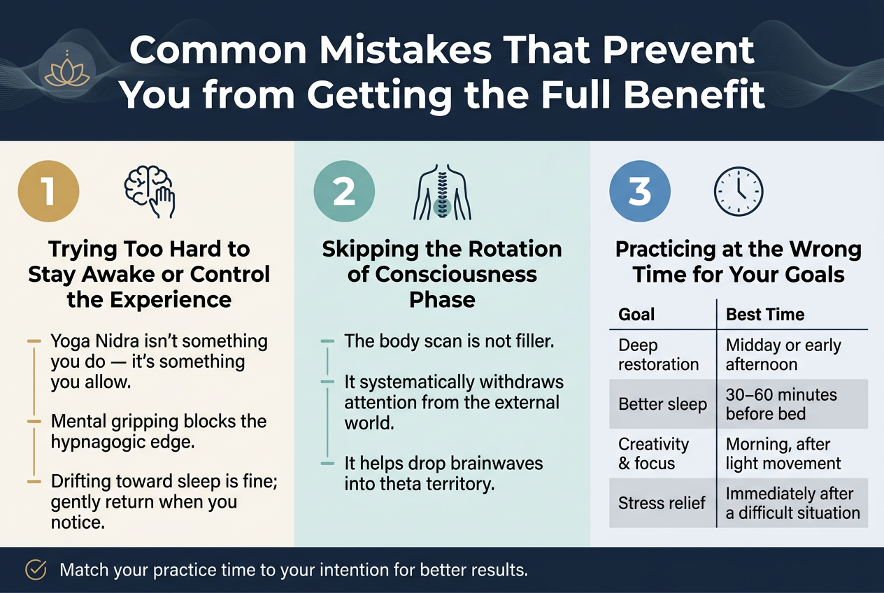 Create a clean professional infographic illustration in a 3:2 aspect ratio with a full-bleed layout, no poster frame, using a wide horizontal composition with three main content blocks across the page and a clear title band at the top. Use a calming palette of deep navy, soft teal, light gray, and warm accent gold; modern sans-serif font with strong hierarchy.
Top header spanning full width:
Large bold title text: "Common Mistakes That Prevent You from Getting the Full Benefit"
Add a subtle abstract meditation-wave background and a small lotus/meditation icon near the title.
Main body arranged in three wide sections with numbered badges and icons:
Left section, labeled with a large gold circle badge "1" and a brain/hand-grip icon:
Heading text: "Trying Too Hard to Stay Awake or Control the Experience"
Below, short bullet-style lines:
"Yoga Nidra isn't something you do — it's something you allow."
"Mental gripping blocks the hypnagogic edge."
"Drifting toward sleep is fine; gently return when you notice."
Center section, labeled with a teal circle badge "2" and a body-scan/spine icon:
Heading text: "Skipping the Rotation of Consciousness Phase"
Below, short bullet-style lines:
"The body scan is not filler."
"It systematically withdraws attention from the external world."
"It helps drop brainwaves into theta territory."
Right section, labeled with a blue circle badge "3" and a clock icon:
Heading text: "Practicing at the Wrong Time for Your Goals"
Include a neat 2-column mini table with thin lines and alternating soft-gray rows. Table header text:
"Goal" and "Best Time"
Rows:
"Deep restoration" | "Midday or early afternoon"
"Better sleep" | "30–60 minutes before bed"
"Creativity & focus" | "Morning, after light movement"
"Stress relief" | "Immediately after a difficult situation"
Add a slim footer strip across the bottom with a small checkmark icon and text:
"Match your practice time to your intention for better results."
Use clear visual separation between sections, strong iconography, and balanced spacing across the full width.