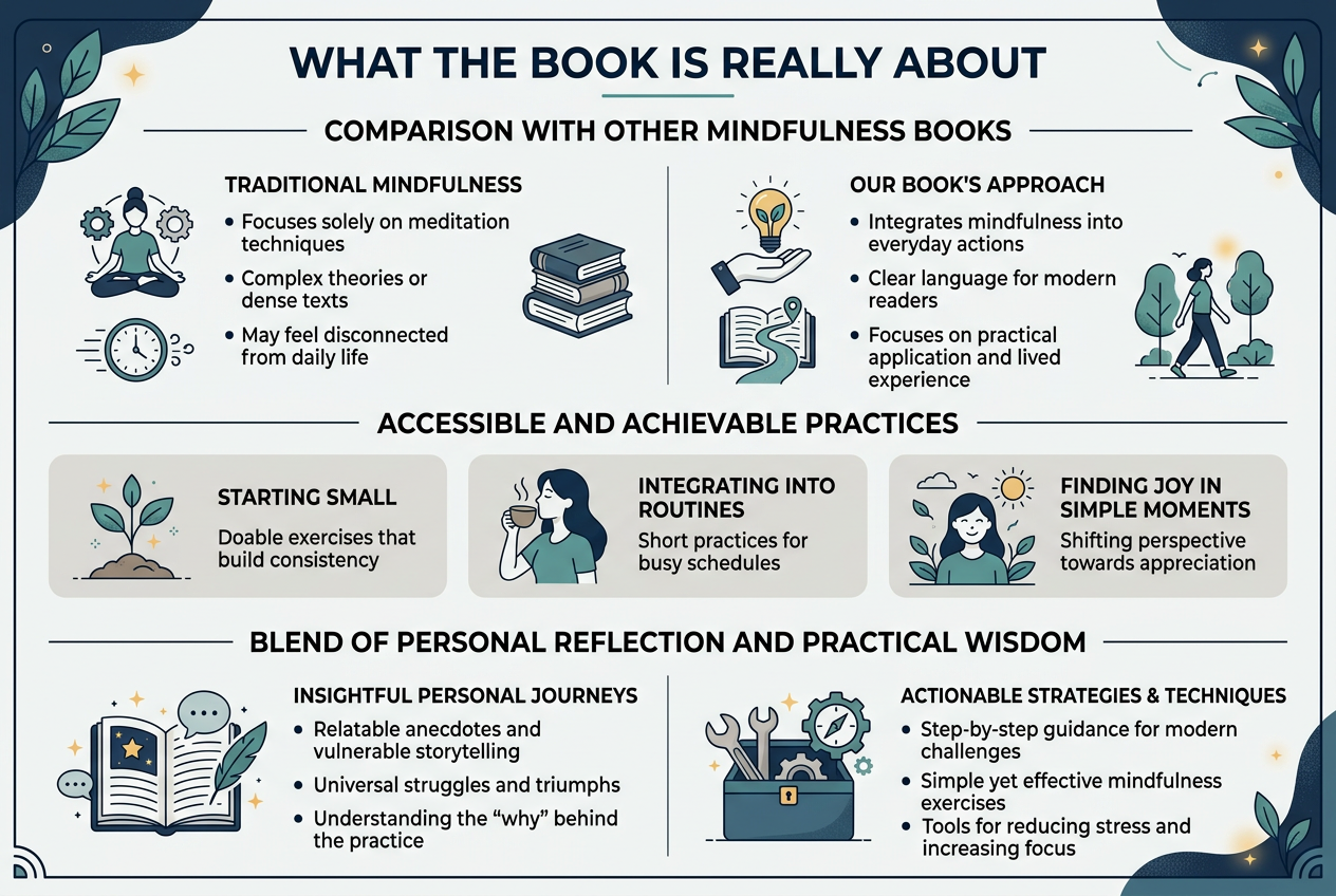 Create a full-bleed professional infographic illustration in a 3:2 aspect ratio with a clean modern editorial style, soft white background, deep navy and teal accents, warm light-gray section blocks, and subtle line icons. Use bold sans-serif typography for headings and a readable sans-serif font for body text. Arrange the layout in wide horizontal sections, not a narrow centered column.
TOP HEADER:
Place a large bold title across the full width at the top: "What the Book Is Really About"
Add a small subtitle beneath it in lighter text: "The Core Message Behind the Title"
SECTION 1: LEFT SIDE WIDE CALLOUT
Place a large circular icon of a person walking with a small mind/brain cloud above their head, with a subtle arrow path showing travel.
Next to it, place a bold heading: "1. The Core Message"
Below, use short stacked lines of text:
"No matter where you run, travel, or escape to,"
"you bring yourself along."
"Your mind travels with you everywhere."
"Learn to work with it — right here, right now."
SECTION 2: CENTER WIDE COMPARISON TABLE
Place a two-column comparison block across the middle of the infographic with a clear vertical divider.
Left column heading in a dark coral box: "Other Mindfulness Books"
Right column heading in a teal box: "Wherever You Go"
Under the left heading, list three bullet points with small checklist icons:
"Technique-heavy"
"Quick-fix framing"
"Abstract concepts"
Under the right heading, list three bullet points with small mirror, clock, and grounding icons:
"Insight-driven"
"Lifelong practice"
"Grounded in real life"
Add a small caption above the columns: "2. How It Differs"
SECTION 3: LOWER LEFT WIDE BLOCK
Place an icon of an open book and a calm speech bubble.
Add a bold heading: "3. Accessible for Everyday Readers"
Below, include these lines:
"Writes like he's sitting across from you"
"No jargon"
"No intimidating Buddhist terminology"
"Short chapters"
"Easy to pick up between meetings or before bed"
SECTION 4: LOWER RIGHT WIDE BLOCK
Place an icon of a notebook with a pencil and a heart.
Add a bold heading: "4. Personal Reflection + Practical Wisdom"
Below, include these lines:
"Shares uncertainties and observations"
"Without preaching"
"An honest conversation"
"Part philosophy, part lived experience"
"Wisdom that feels earned rather than borrowed"
BOTTOM FOOTER STRIP:
Add a thin full-width footer bar with a small compass icon and the closing line:
"Right here, right now."
Use clear visual hierarchy, generous spacing, aligned edges, and distinct section blocks. Make the infographic polished, balanced, easy to scan, and text fully legible.