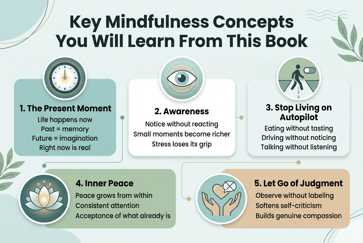 Create a clean professional infographic illustration in a 3:2 aspect ratio, full-bleed layout with no frame, no inset margins, and a wide horizontal composition. Use a calm mindfulness color palette of soft teal, sage green, warm beige, white, and dark charcoal accents. Use modern sans-serif fonts with a bold headline and clear section hierarchy.
Top center: large bold title text in dark charcoal, exactly:
"Key Mindfulness Concepts You Will Learn From This Book"
Below the title, arrange five wide visual sections in a balanced grid layout across the canvas, using numbered blocks with icons. Use soft rounded rectangles, subtle shadows, and plenty of spacing. Avoid a narrow vertical stack.
Section 1 on the upper left:
A circular icon of a clock and a glowing dot in the center. Text:
"1. The Present Moment"
"Life happens now"
"Past = memory"
"Future = imagination"
"Right now is real"
Section 2 on the upper middle:
A circular icon of an eye with soft concentric awareness rings. Text:
"2. Awareness"
"Notice without reacting"
"Small moments become richer"
"Stress loses its grip"
Section 3 on the upper right:
A circular icon of a person walking on a straight path with an autopilot switch turned off. Text:
"3. Stop Living on Autopilot"
"Eating without tasting"
"Driving without noticing"
"Talking without listening"
Section 4 on the lower left:
A circular icon of a calm lotus flower glowing from the center. Text:
"4. Inner Peace"
"Peace grows from within"
"Consistent attention"
"Acceptance of what already is"
Section 5 on the lower right, slightly wider than the others:
A circular icon of two hands with a soft heart and an unlabelled speech bubble crossed out. Text:
"5. Let Go of Judgment"
"Observe without labeling"
"Softens self-criticism"
"Builds genuine compassion"
Include small connecting dots or thin lines between sections for flow. Use a clear visual hierarchy with the title largest, section headings medium bold, and supporting lines smaller. Keep all text highly legible, evenly aligned, and visually organized. Use subtle mindfulness-themed decorative elements such as gentle curves, leaves, or light waves in the background without clutter.