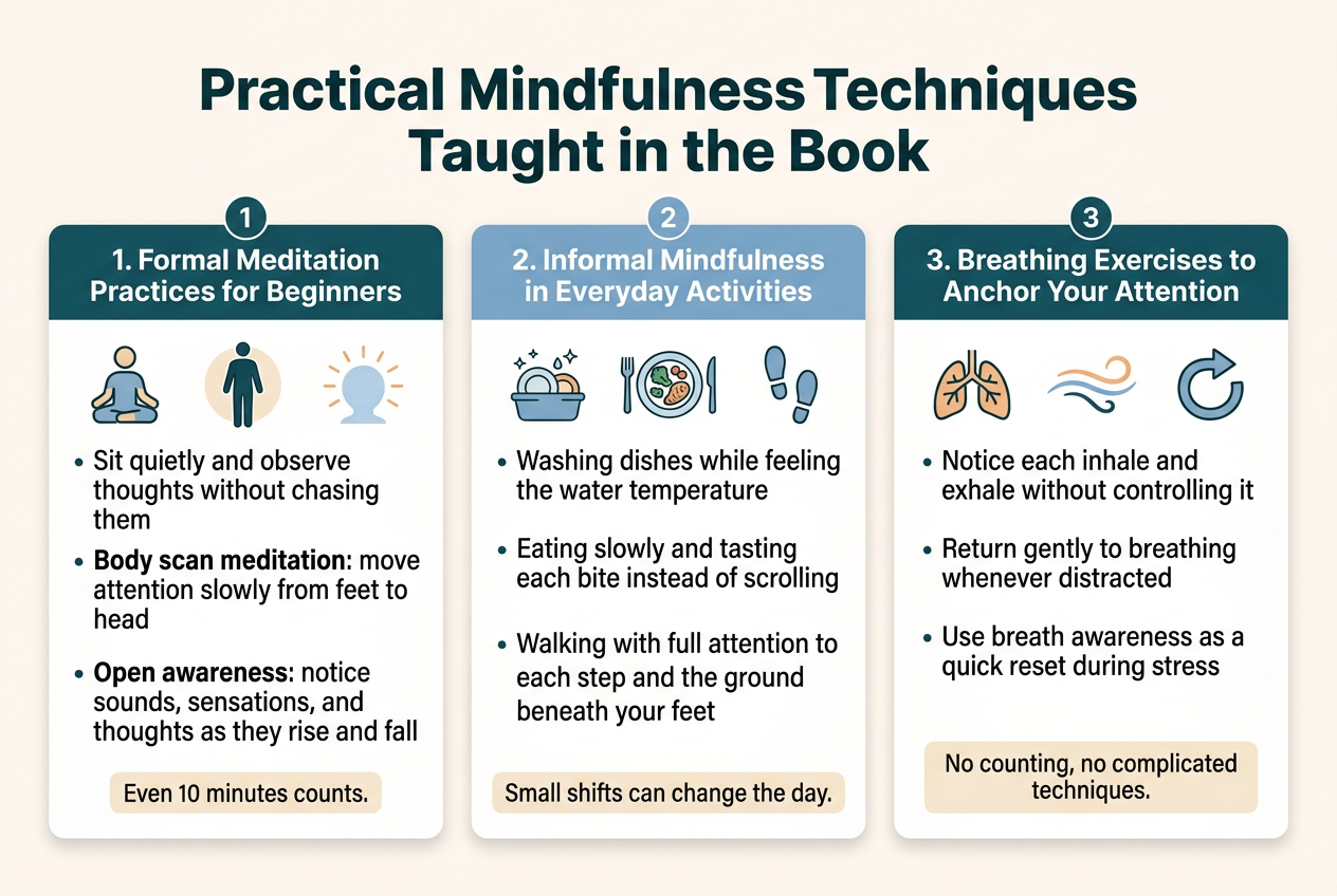 Create a clean, professional full-bleed infographic illustration in 3:2 aspect ratio with a wide horizontal layout, no poster frame, no inset border, and no narrow centered stack. Use a calm palette of deep teal, soft blue, warm beige, and white with subtle accent orange. Use modern sans-serif fonts with bold heading and clear hierarchy.
Top center: large bold title in dark teal, exact text: "Practical Mindfulness Techniques Taught in the Book"
Below the title, divide the canvas into three wide horizontal sections or three side-by-side blocks across the page, each with a colored header strip, a simple icon, and short bullet points. Use clean icons and plenty of whitespace.
Left section header: "1. Formal Meditation Practices for Beginners"
Include a simple seated meditation icon, a body scan silhouette icon, and an open awareness icon with soft radiating lines.
Include these bullets exactly:
"• Sit quietly and observe thoughts without chasing them"
"• Body scan meditation: move attention slowly from feet to head"
"• Open awareness: notice sounds, sensations, and thoughts as they rise and fall"
Add a small note in a highlighted box at the bottom of this section with exact text: "Even 10 minutes counts."
Middle section header: "2. Informal Mindfulness in Everyday Activities"
Include icons of washing dishes, a plate with food, and walking footsteps.
Include these bullets exactly:
"• Washing dishes while feeling the water temperature"
"• Eating slowly and tasting each bite instead of scrolling"
"• Walking with full attention to each step and the ground beneath your feet"
Add a small highlighted caption box at the bottom with exact text: "Small shifts can change the day."
Right section header: "3. Breathing Exercises to Anchor Your Attention"
Include a breathing lungs icon, a gentle inhale/exhale wave icon, and a reset arrow icon.
Include these bullets exactly:
"• Notice each inhale and exhale without controlling it"
"• Return gently to breathing whenever distracted"
"• Use breath awareness as a quick reset during stress"
Add a small highlighted note at the bottom with exact text: "No counting, no complicated techniques."
Use numbered section labels 1, 2, 3 in circular badges. Keep all text crisp, legible, and aligned. Add subtle divider lines or soft card shadows between sections. Ensure the overall composition is wide, balanced, and infographic-like with clear visual hierarchy.