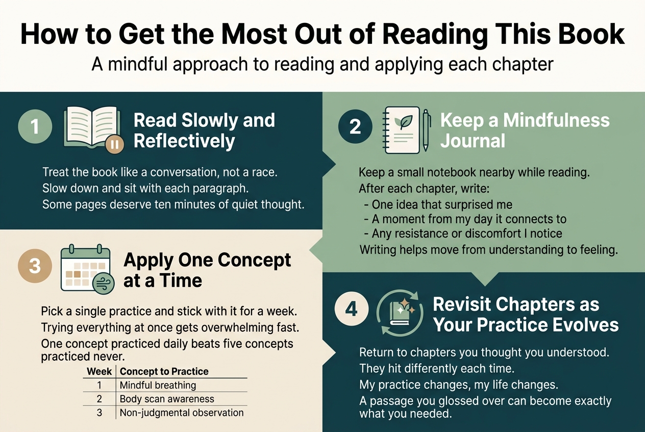 Create a full-bleed professional infographic illustration in a 3:2 aspect ratio, clean modern flat design, soft calming palette of deep teal, sage green, warm beige, and white, with bold sans-serif typography and clear visual hierarchy.
Top header spanning full width:
Large bold title text: "How to Get the Most Out of Reading This Book"
Small subtitle text beneath: "A mindful approach to reading and applying each chapter"
Main layout: four wide horizontal sections arranged in a 2x2 grid across the page, with simple icons and numbered labels, avoiding a narrow vertical stack.
Section 1, top left:
Number label in a teal circle: "1"
Icon: open book with a small pause symbol
Heading text: "Read Slowly and Reflectively"
Body text: "Treat the book like a conversation, not a race."
"Slow down and sit with each paragraph."
"Some pages deserve ten minutes of quiet thought."
Section 2, top right:
Number label in a sage circle: "2"
Icon: notebook with pen and small leaf
Heading text: "Keep a Mindfulness Journal"
Body text: "Keep a small notebook nearby while reading."
"After each chapter, write:"
"- One idea that surprised me"
"- A moment from my day it connects to"
"- Any resistance or discomfort I notice"
"Writing helps move from understanding to feeling."
Section 3, bottom left:
Number label in a warm beige circle: "3"
Icon: small calendar with one highlighted week block and a breathing icon
Heading text: "Apply One Concept at a Time"
Body text: "Pick a single practice and stick with it for a week."
"Trying everything at once gets overwhelming fast."
"One concept practiced daily beats five concepts practiced never."
Include a small three-row mini table beneath the text with clean lines:
"Week | Concept to Practice"
"1 | Mindful breathing"
"2 | Body scan awareness"
"3 | Non-judgmental observation"
Section 4, bottom right:
Number label in a teal circle: "4"
Icon: circular arrow around a book with a spark
Heading text: "Revisit Chapters as Your Practice Evolves"
Body text: "Return to chapters you thought you understood."
"They hit differently each time."
"My practice changes, my life changes."
"A passage you glossed over can become exactly what you needed."
Add subtle connecting arrows or flow lines between the four sections to suggest progression and reflection. Use ample spacing, crisp edges, soft shadow accents, and a balanced editorial layout. No border frame.