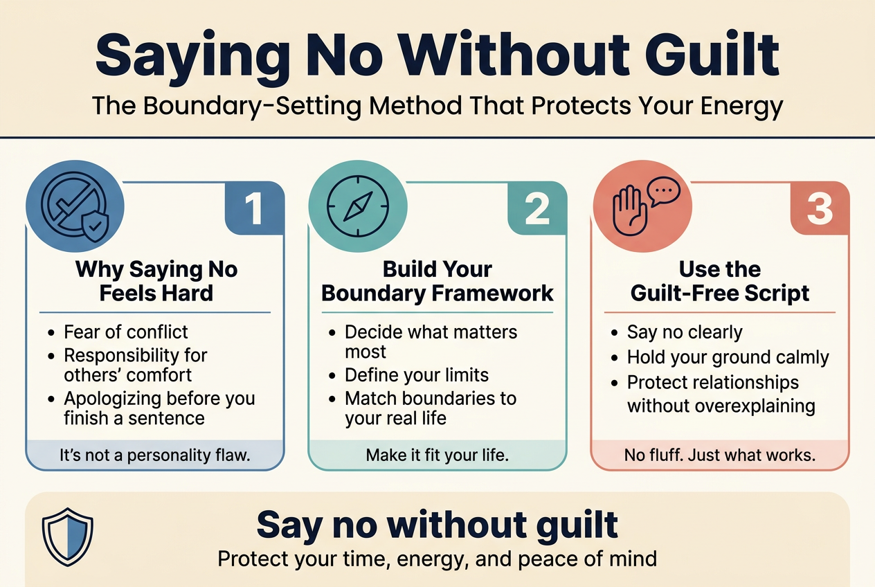 3:2 landscape infographic, full-bleed clean professional layout, soft cream background with navy, teal, and muted coral accents, modern sans-serif fonts with strong hierarchy, crisp vector style, subtle line dividers, no frame, no inset margins.
Top full-width header bar with bold large title text: "Saying No Without Guilt"
Smaller subtitle beneath: "The Boundary-Setting Method That Protects Your Energy"
Below the header, create three wide horizontal sections arranged left to right across the page, each in its own rounded rectangle block with an icon and numbered label:
Left block:
Blue circular icon with a crossed-out checkmark and a small shield
Large number label: "1"
Heading text: "Why Saying No Feels Hard"
Bullet points:
"• Fear of conflict"
"• Responsibility for others' comfort"
"• Apologizing before you finish a sentence"
Small note strip at bottom: "It’s not a personality flaw."
Center block:
Teal circular icon with a simple boundary line and compass
Large number label: "2"
Heading text: "Build Your Boundary Framework"
Bullet points:
"• Decide what matters most"
"• Define your limits"
"• Match boundaries to your real life"
Small note strip at bottom: "Make it fit your life."
Right block:
Coral circular icon with an open hand and speech bubble
Large number label: "3"
Heading text: "Use the Guilt-Free Script"
Bullet points:
"• Say no clearly"
"• Hold your ground calmly"
"• Protect relationships without overexplaining"
Small note strip at bottom: "No fluff. Just what works."
Along the bottom, add a wide concluding banner with a shield icon on the left and bold text:
"Say no without guilt"
Smaller line beneath:
"Protect your time, energy, and peace of mind"
Use clean spacing, clear visual hierarchy, simple line icons, and balanced horizontal composition with the three blocks spanning the width of the infographic.